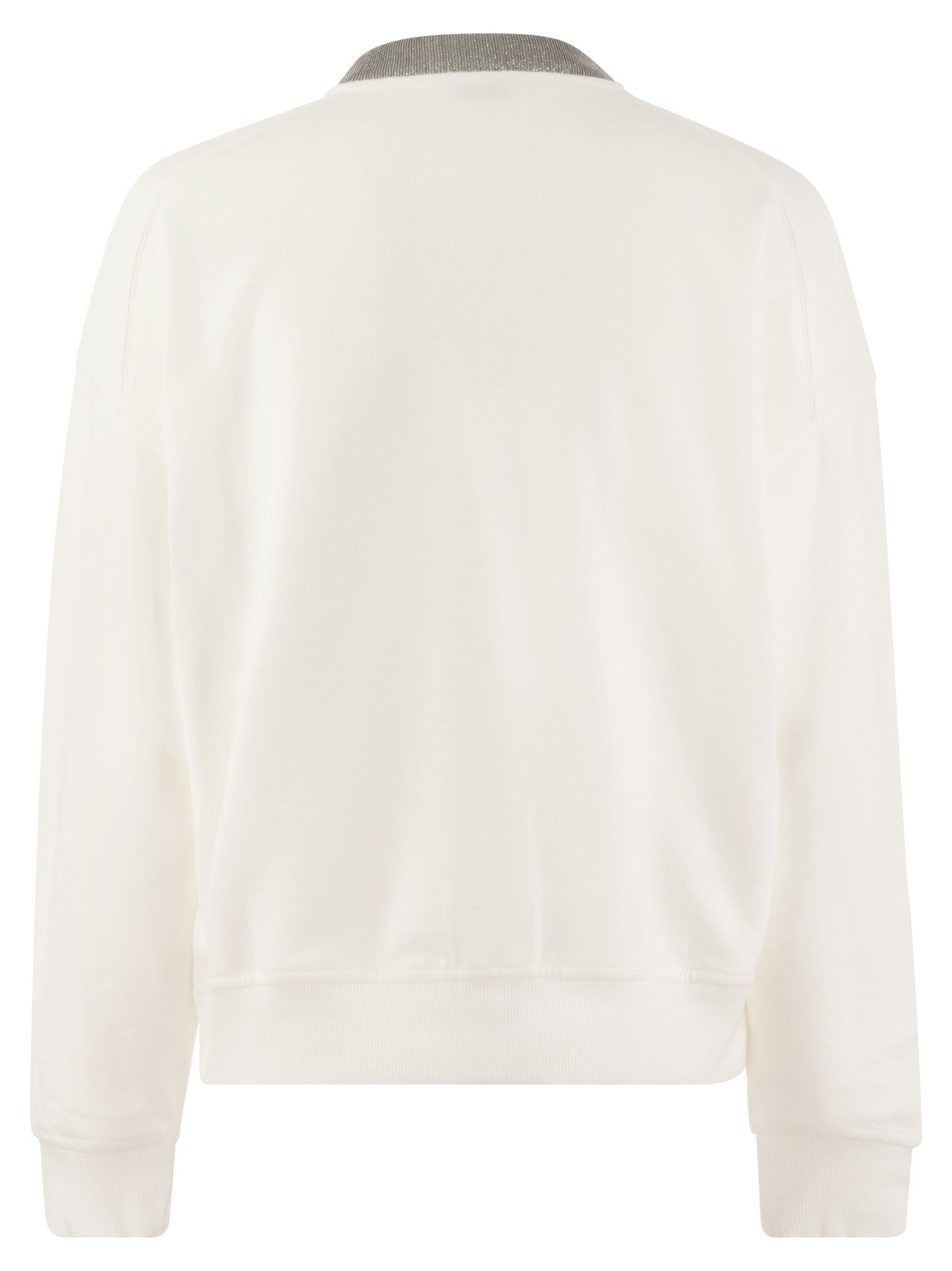 Shop Brunello Cucinelli Smooth Cotton Fleece Topwear With Ribbed Collar Precious In White