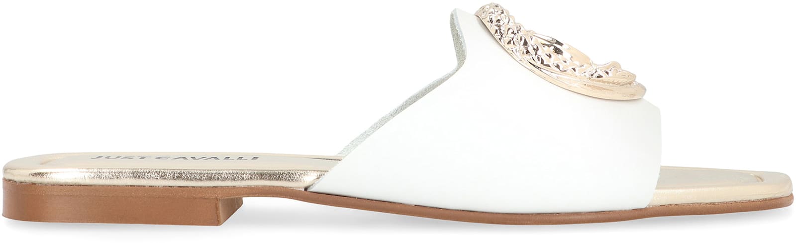 Just Cavalli Square Toe Leather Slides With Embellished Detail In White