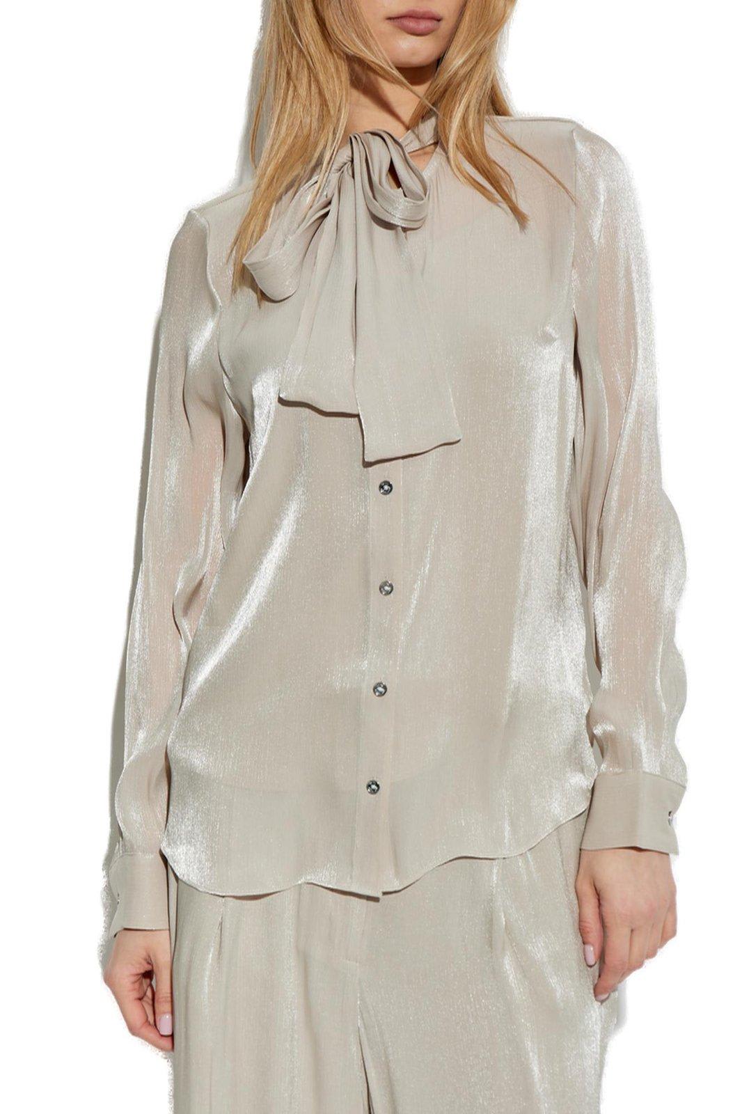 Shop Michael Kors Crinkled Metallic Georgette Tie-neck Blouse In Dune