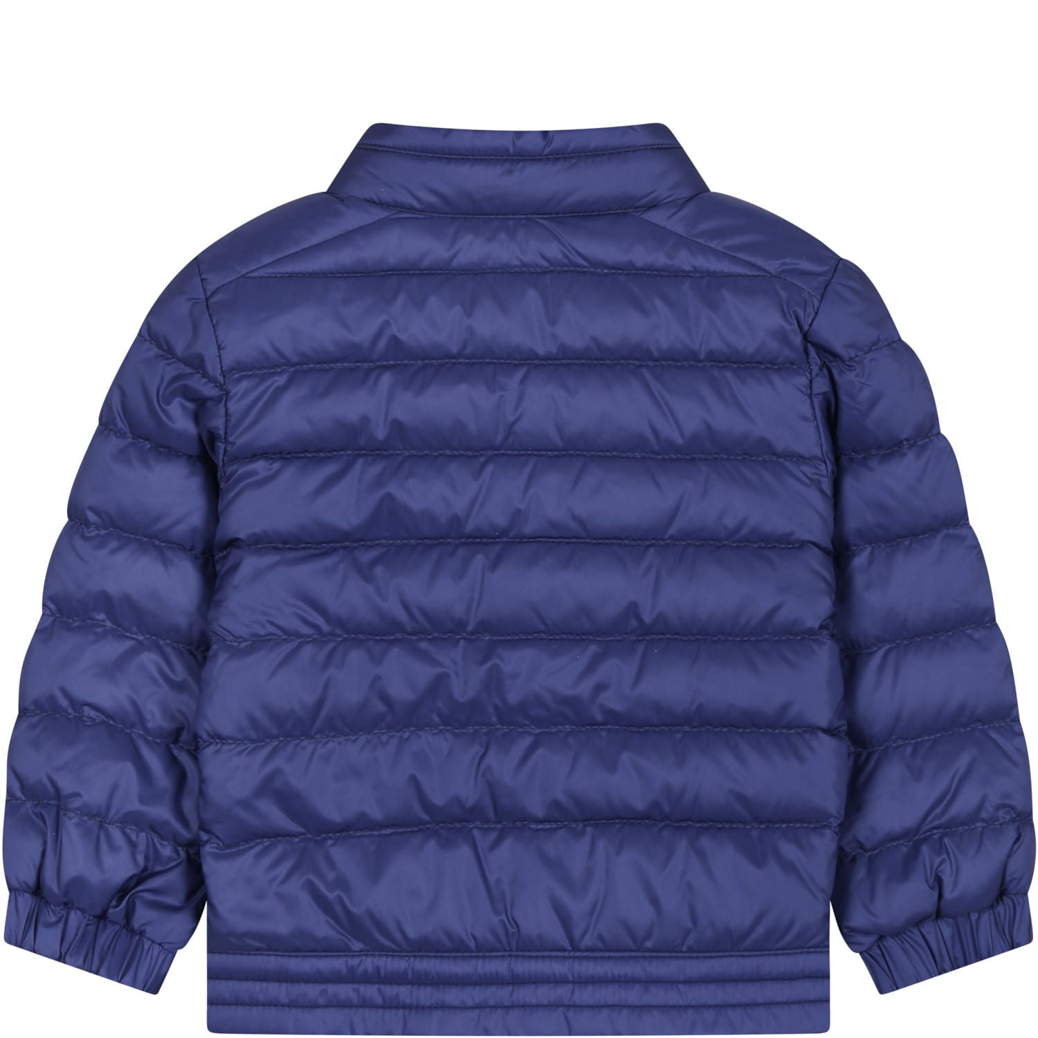 Shop Moncler Blue Jacket For Baby Boy With Logo Patch