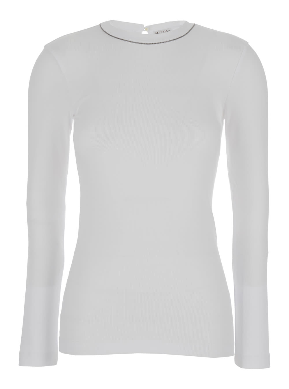 Shop Brunello Cucinelli White Long-sleeve Top With Monile Detail In Ribbed Stretch Cotton Woman