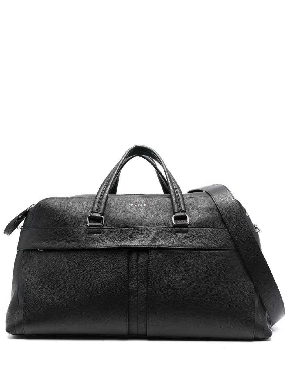 Shop Orciani Black Leather Micron Duffle Bag With Shoulder Strap