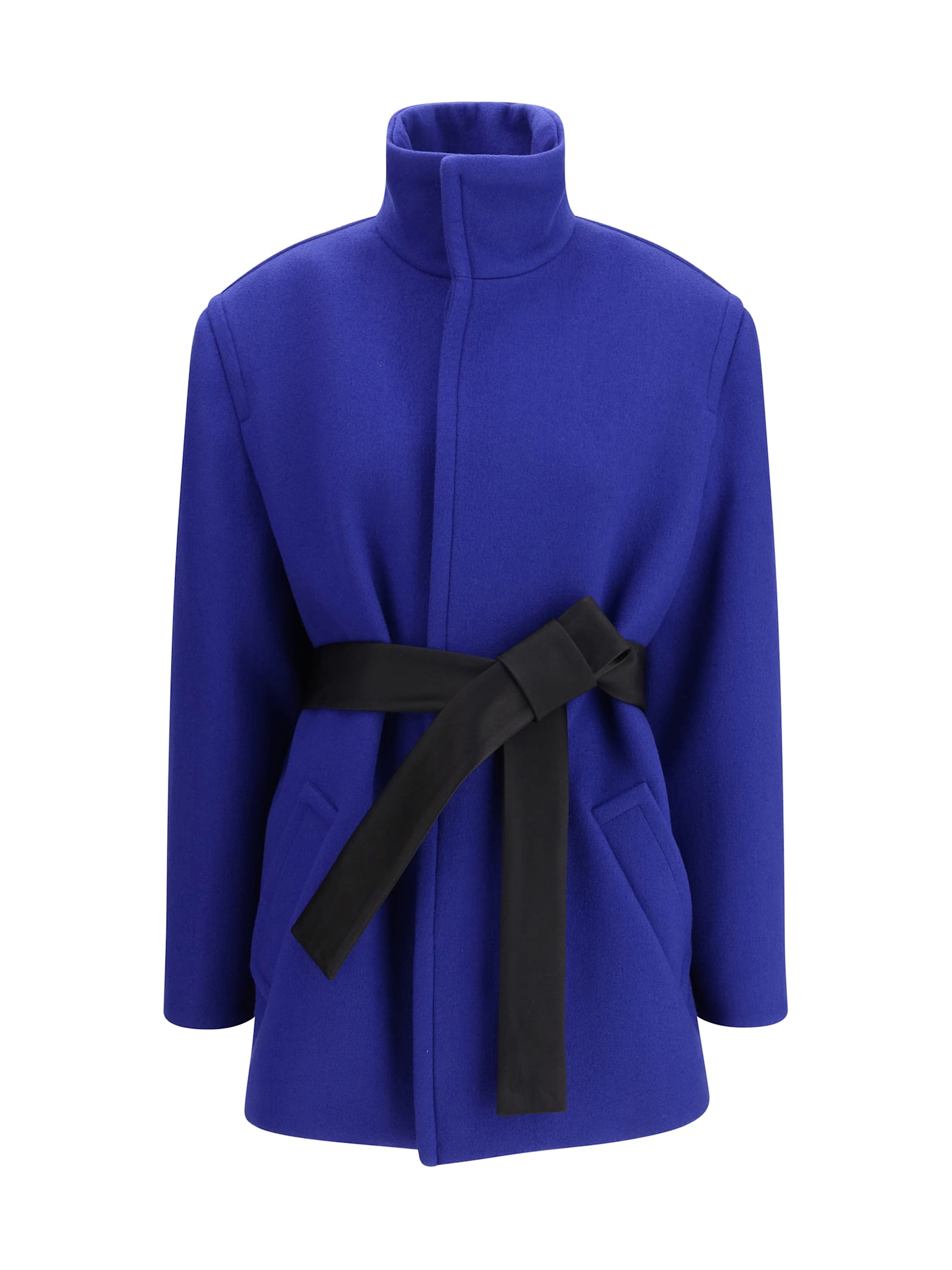 Saint Laurent Wool Boxy Belted Coat In Blue