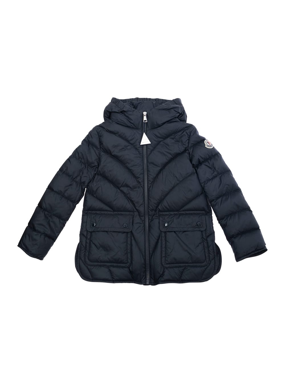 Moncler Argenno Blue Down Jacket With Logo Patch Applied On The Sleeve In Tech Fabric Girl In Gold