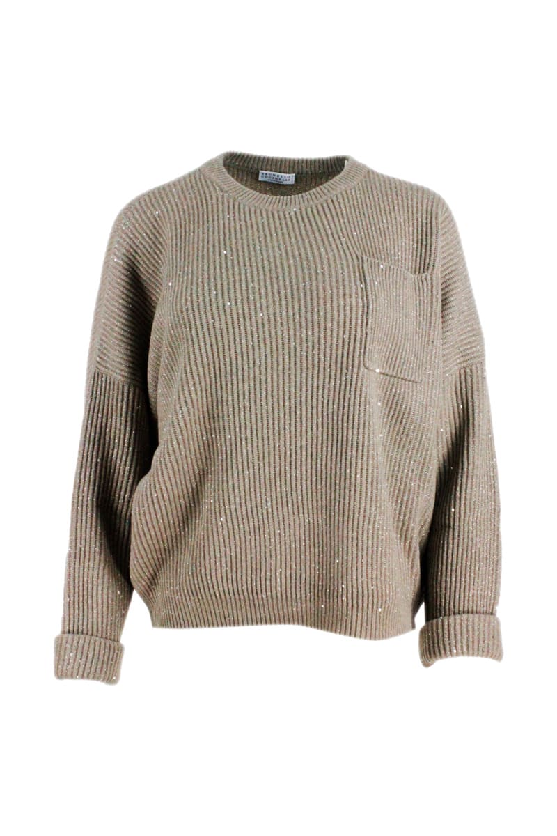 Brunello Cucinelli Crew Neck Sweater With English Rib Embellished With Lurex And Micro Sequins
