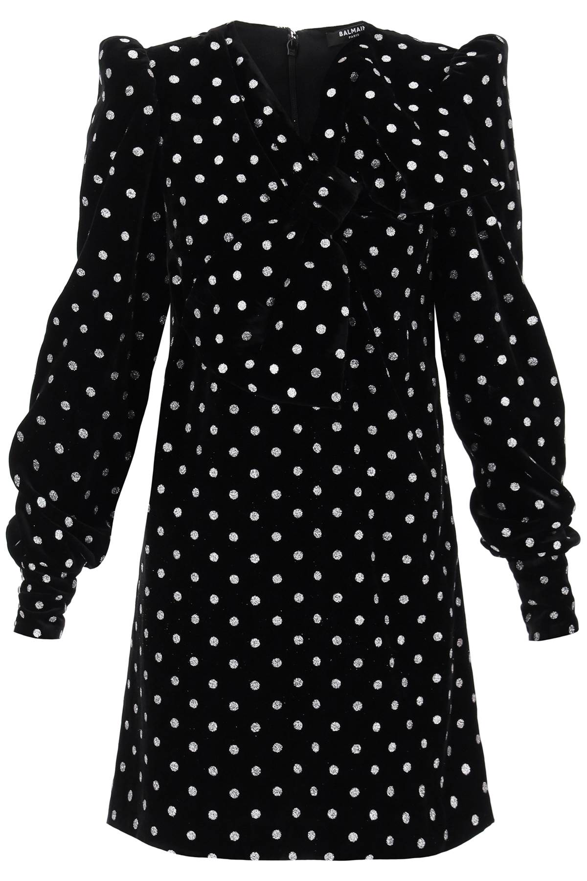 Shop Balmain Glitter And Bow Velvet Mini Dress In Noir Argent (black)