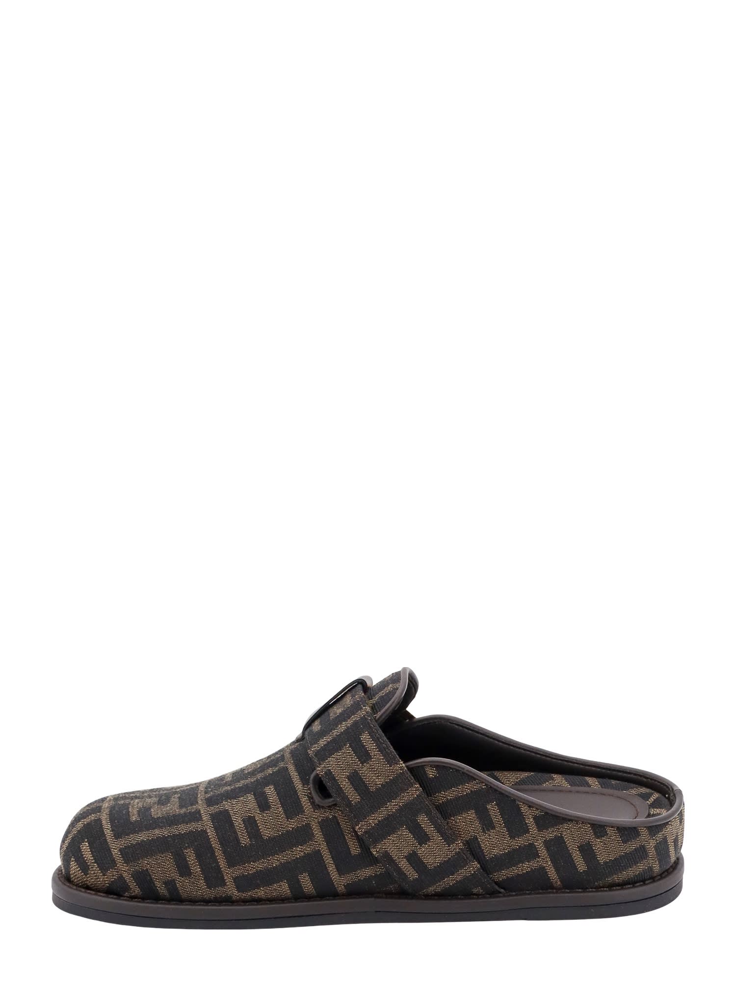 Fendi Round-toed Sabots With Ff Strap In Brown