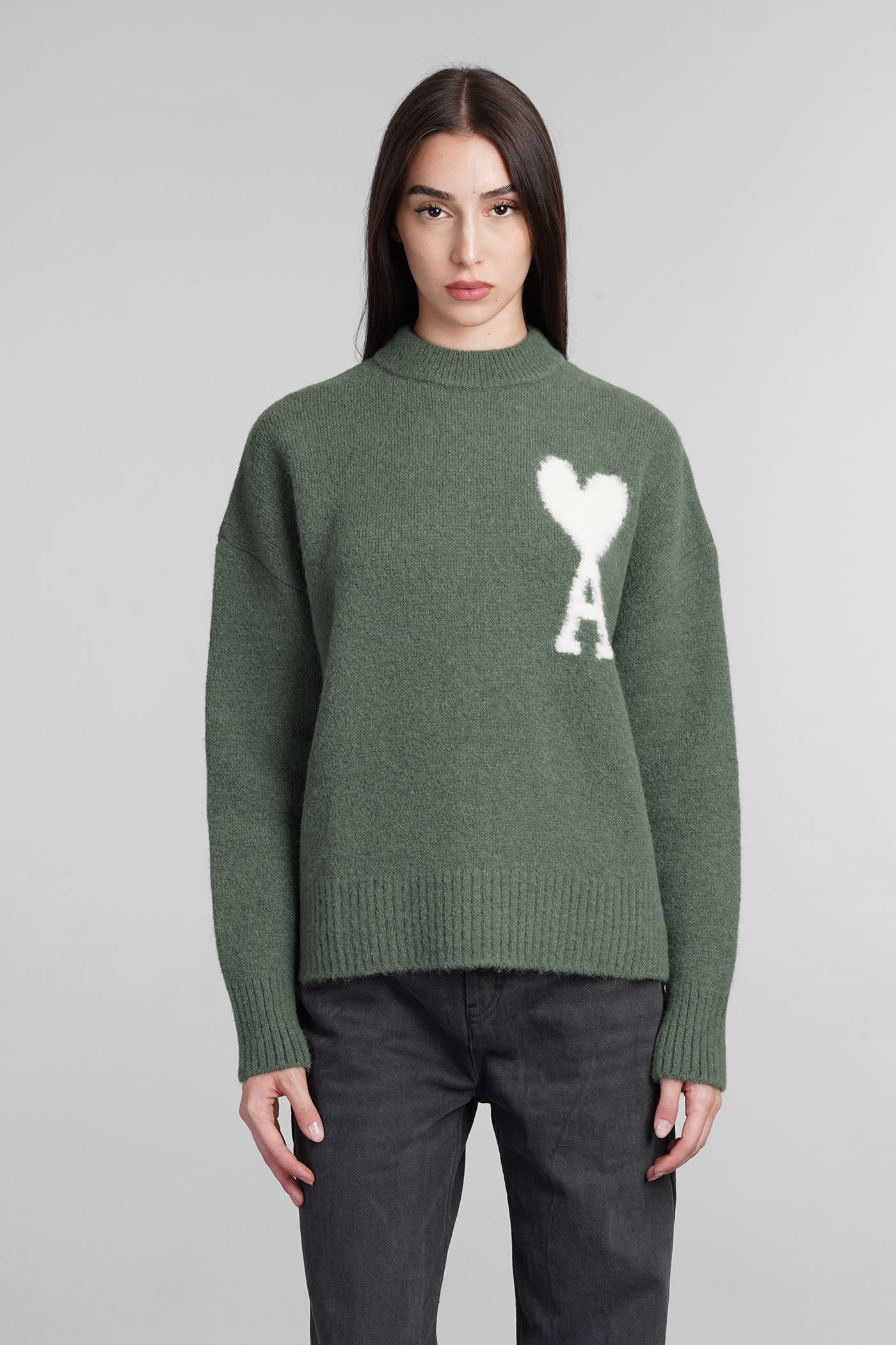 Ami Alexandre Mattiussi Ami Paris Ami De Coeur Logo Detailed Knitted Jumper In Green