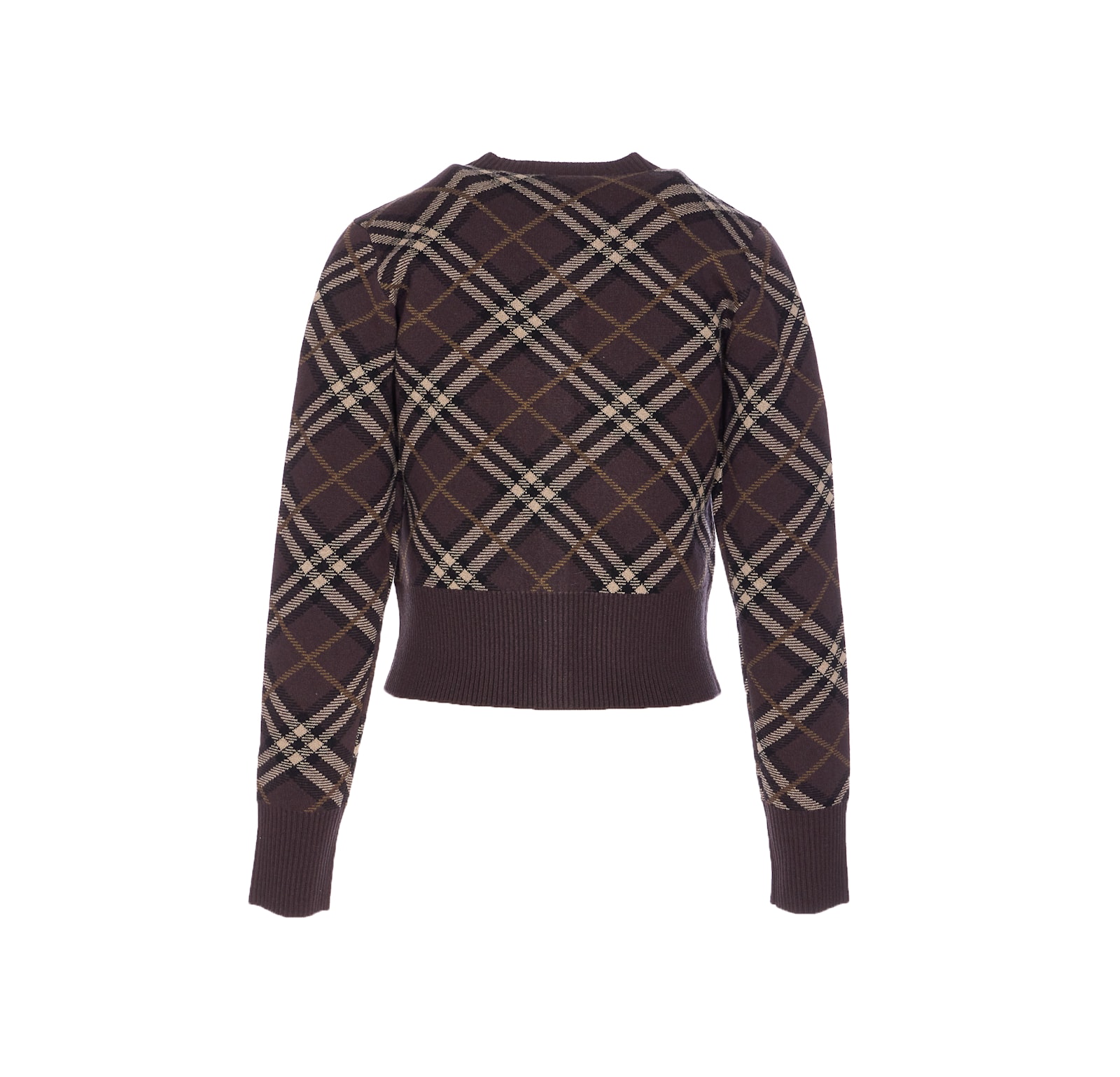 Burberry Long Sleeve Cardigan With Check Motif And Crewneck In Brown