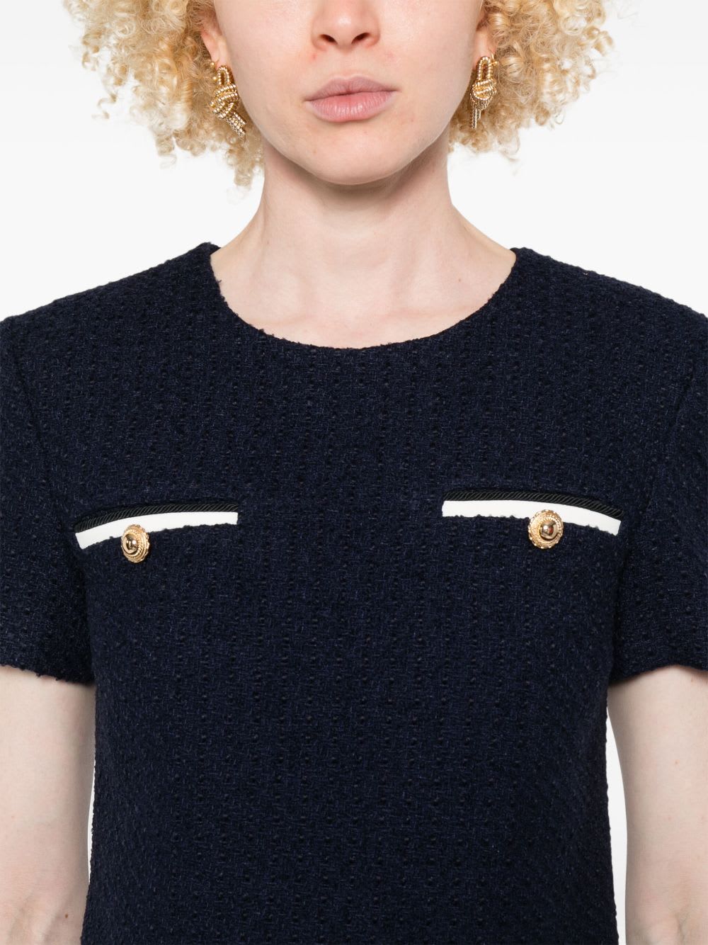 Self-portrait Textured Boucle Mini Dress With Belted Waist And Gold-tone Accents In Black