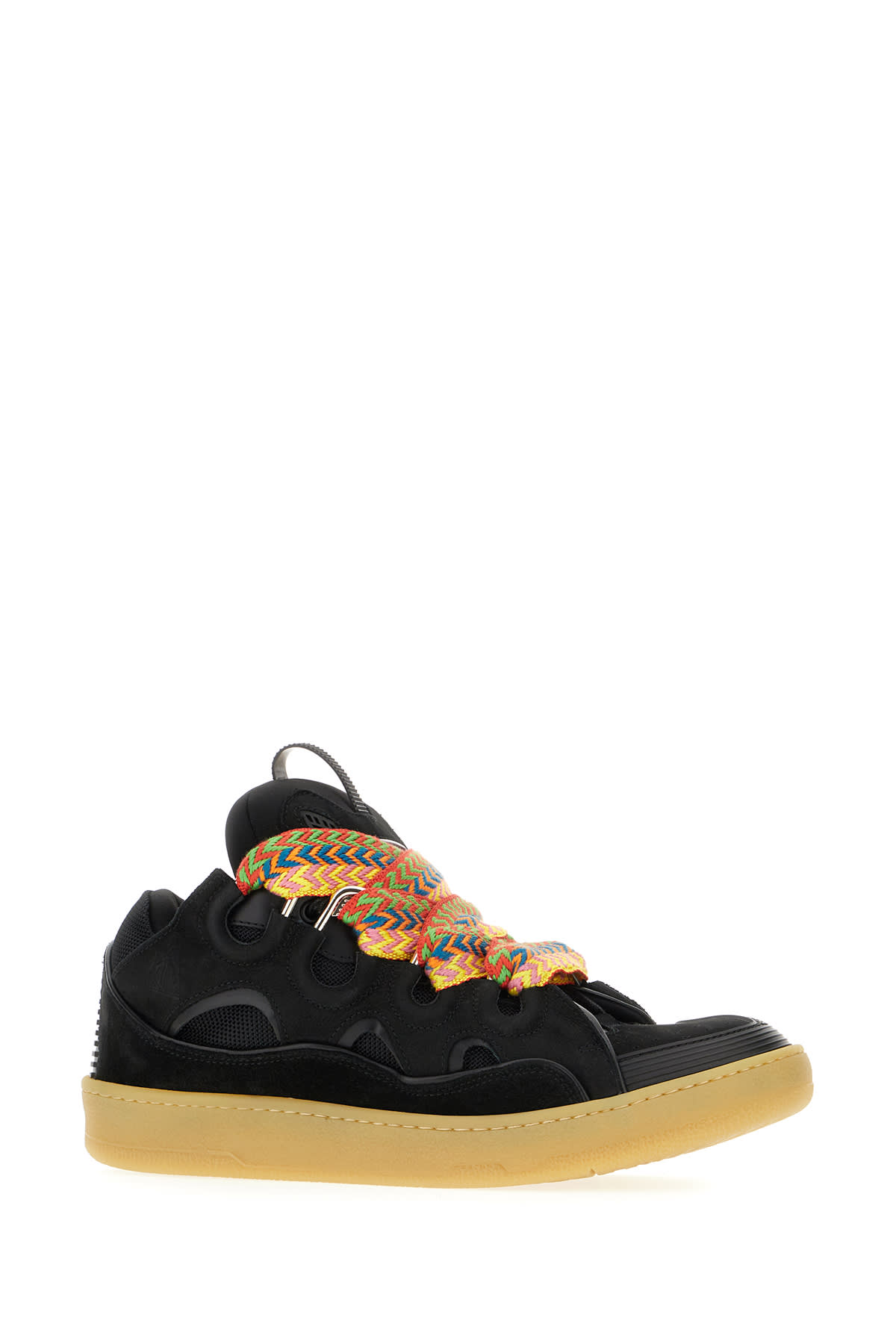 Shop Lanvin Black Leather And Fabric Curb Sneakers In 10