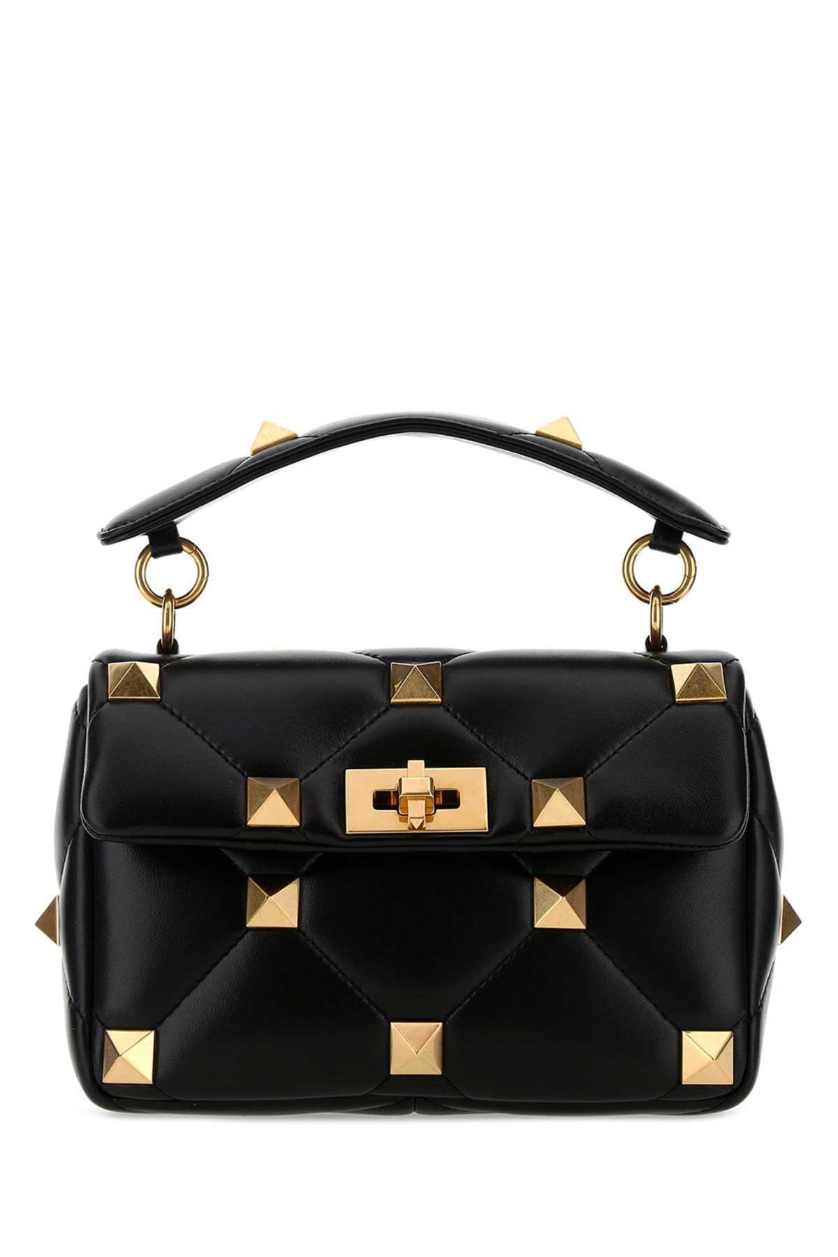 Shop Valentino Black Nappa Leather Medium Roman Stud Handbag In Nero