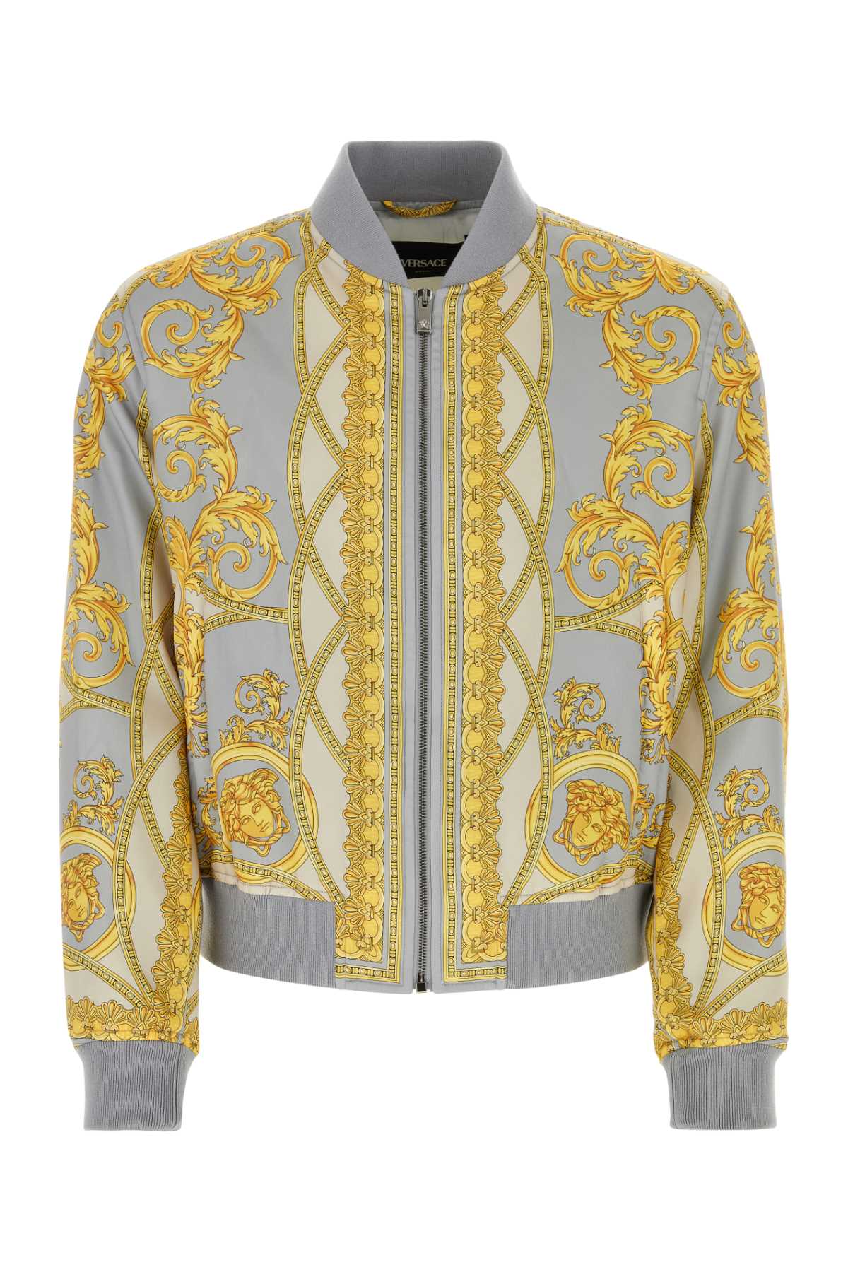 Shop Versace Printed Polyester Bomber Jacket In Concretemidbonegold