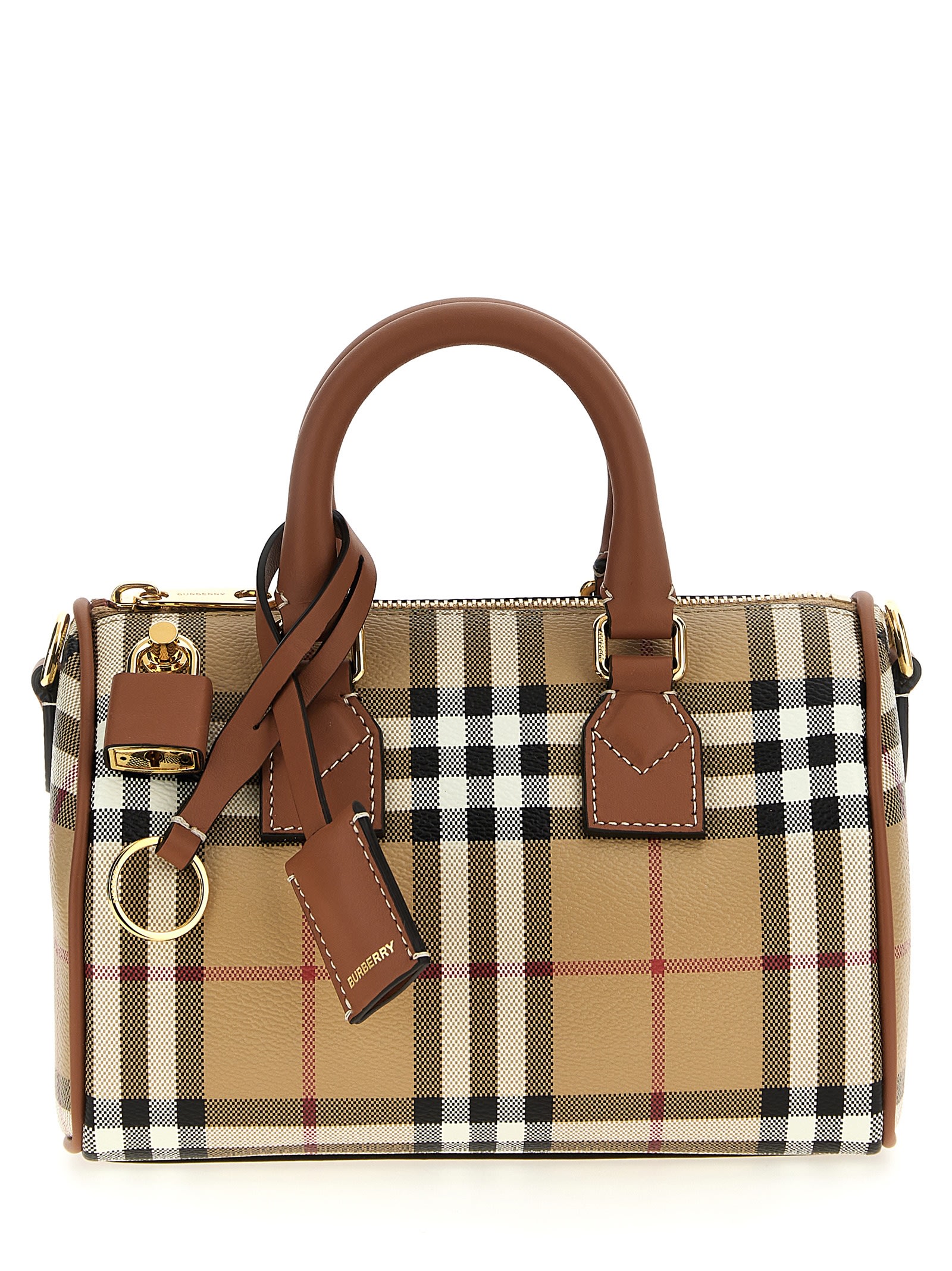 Burberry Checkered Canvas Medium Handbag With Leather Trim In Multicolor