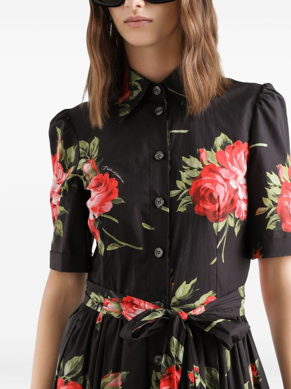 Dolce & Gabbana Belted Gathered Floral-print Cotton-poplin Midi Dress In Black