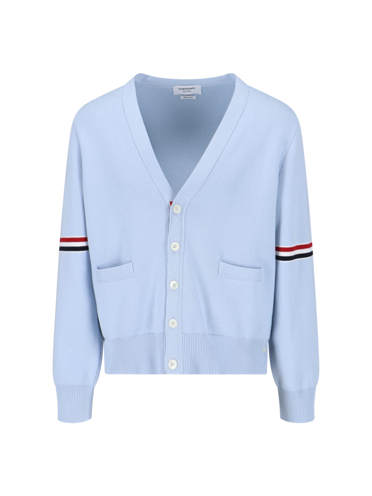 Thom Browne Tricolor Detail Cardigan In Light Blue