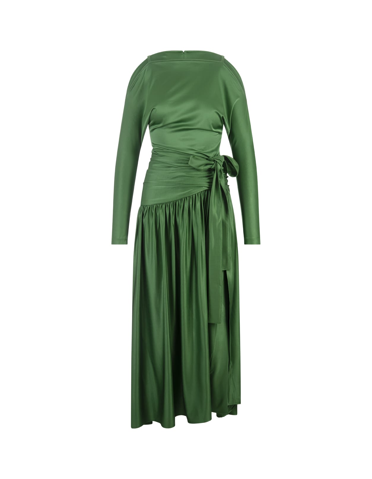 Green Satin Long Dress With Bow