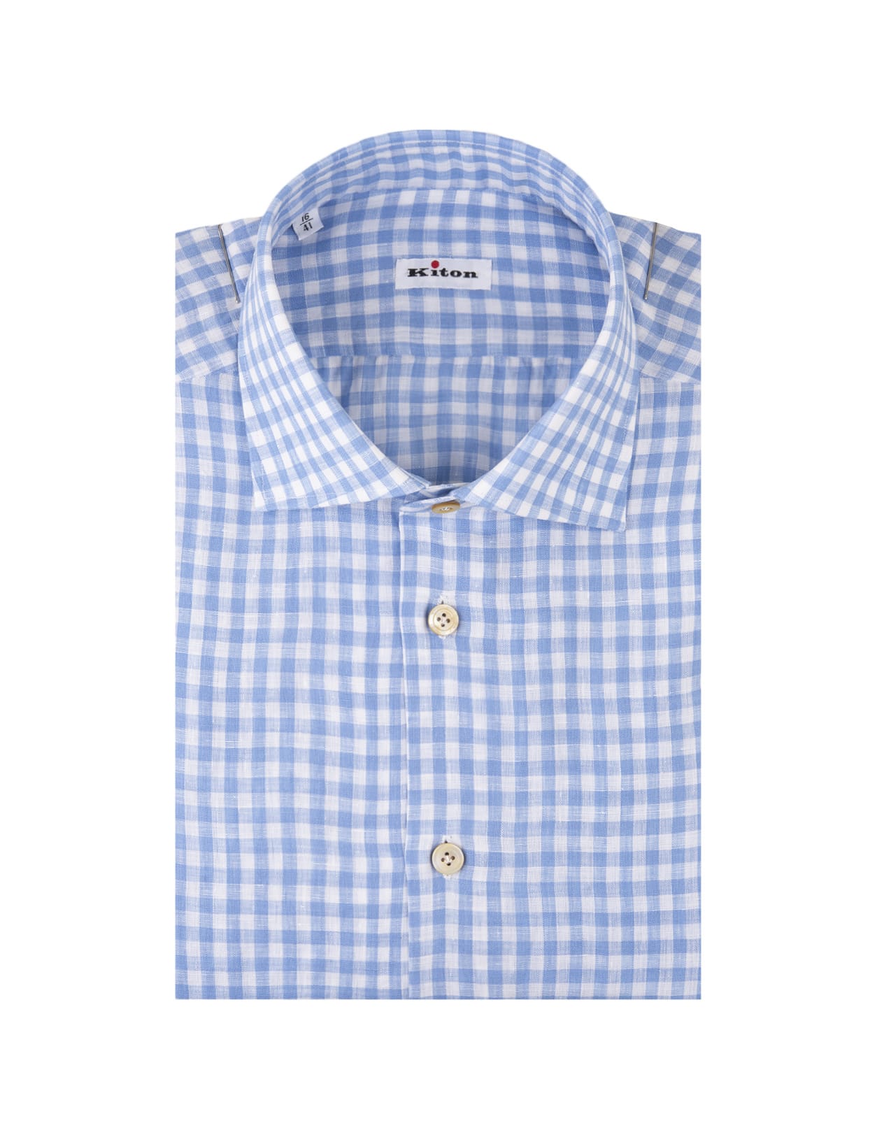 Shop Kiton Light Blue Check Linen Shirt