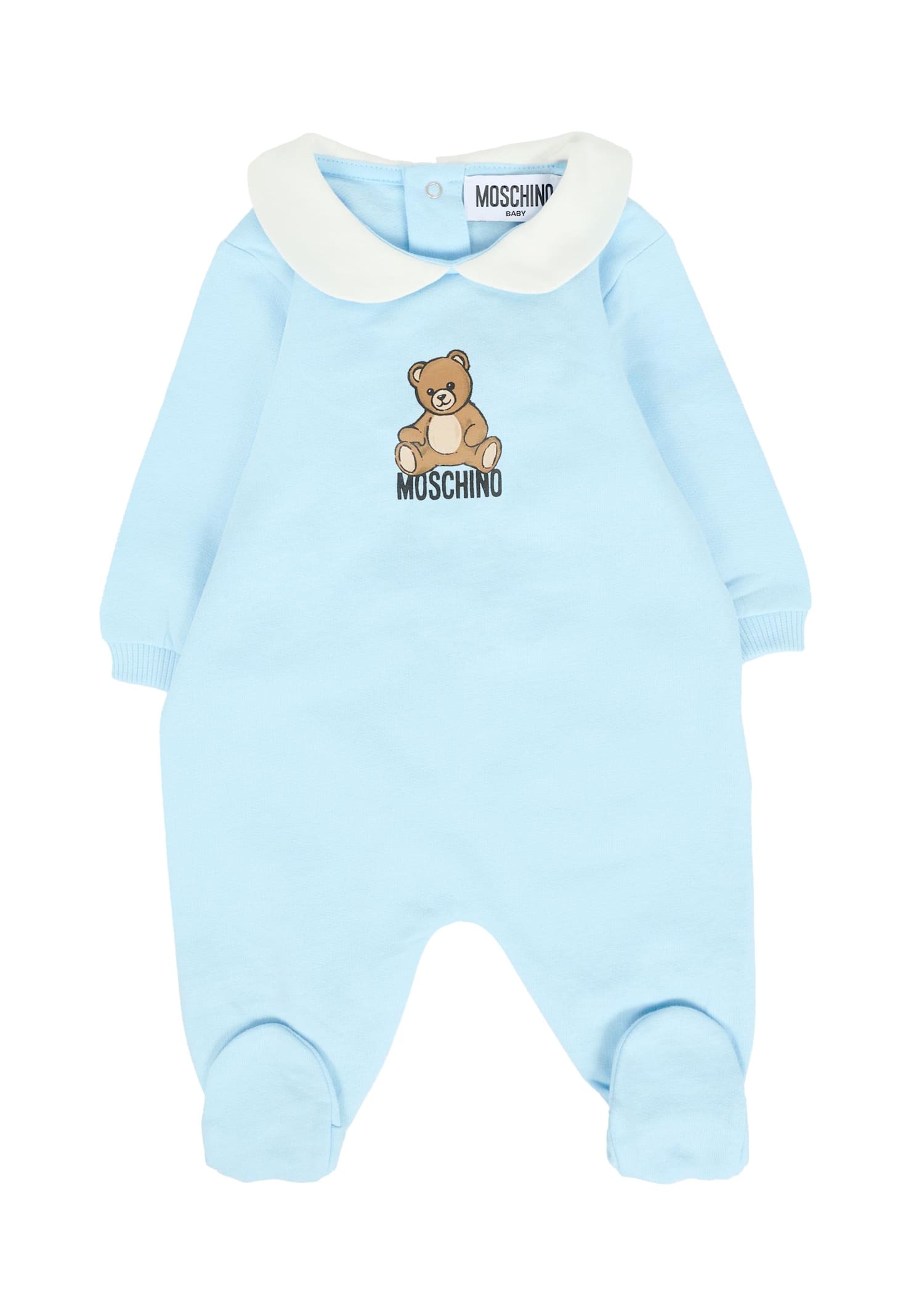 Moschino Light Blue Babygrow For Baby Boy With Teddy Bear In Blue