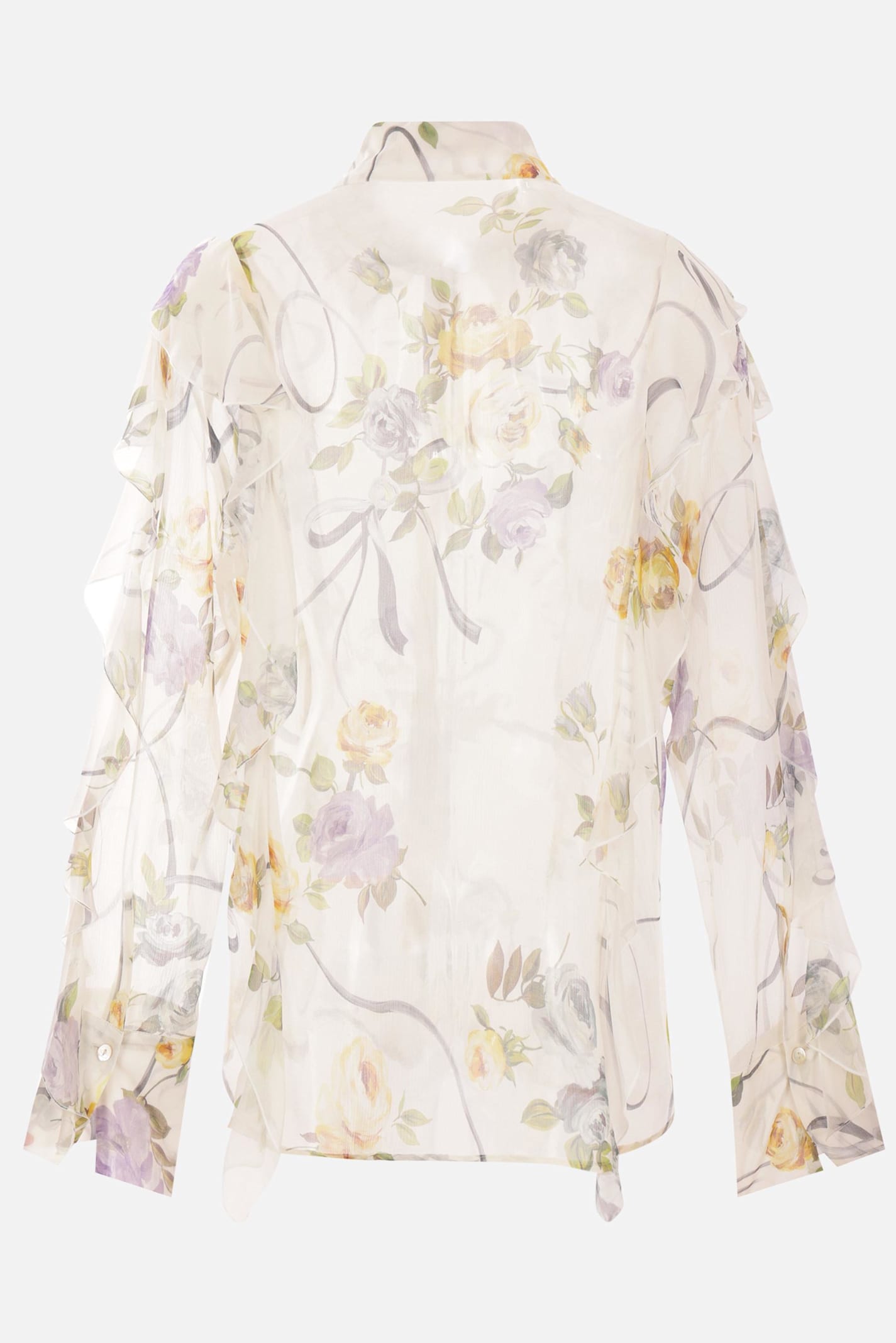 Blumarine Ruffled Floral-print Silk Blouse In Violet/white