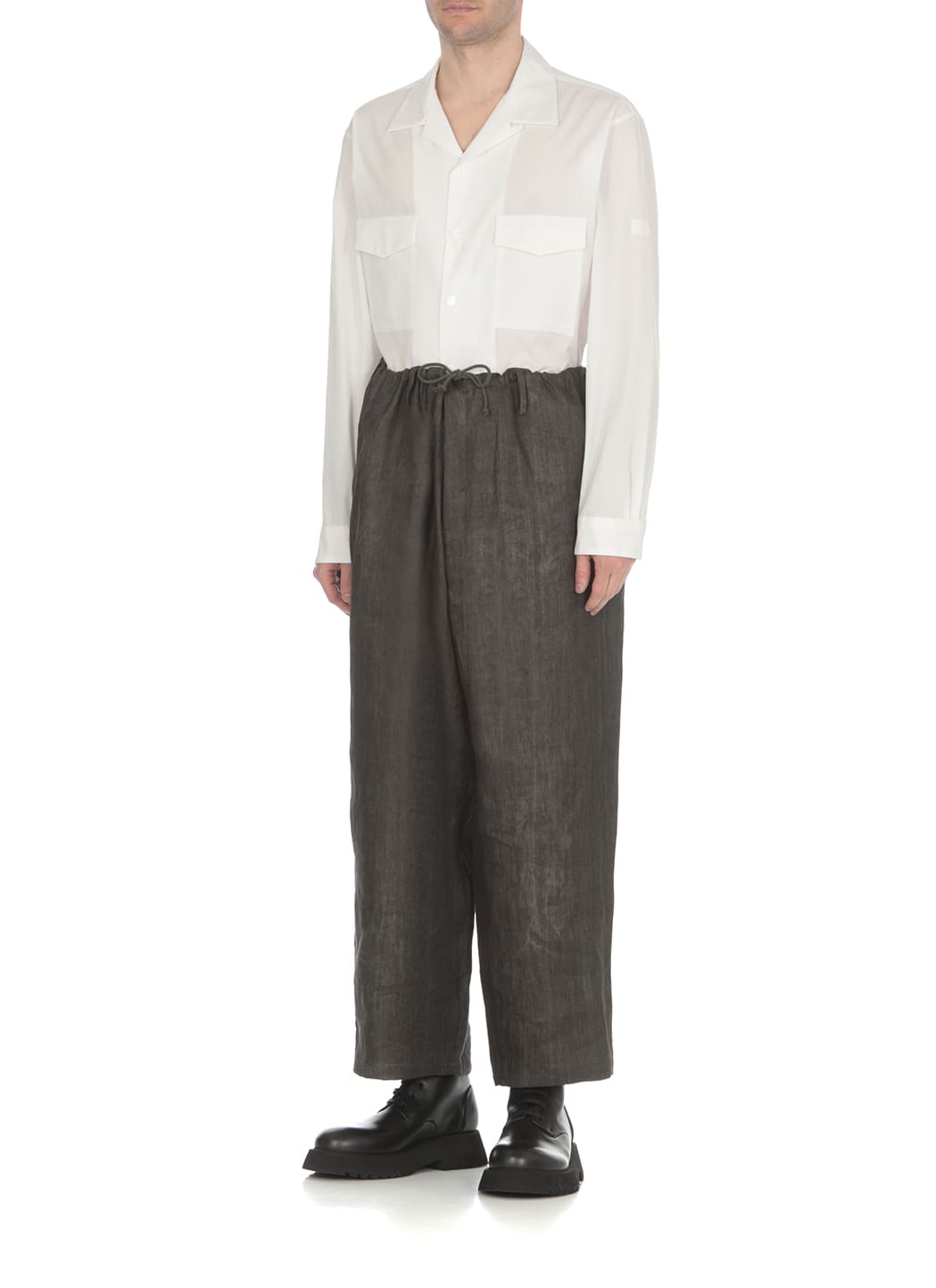 Shop Yohji Yamamoto Oversized Linen Trousers In Grey