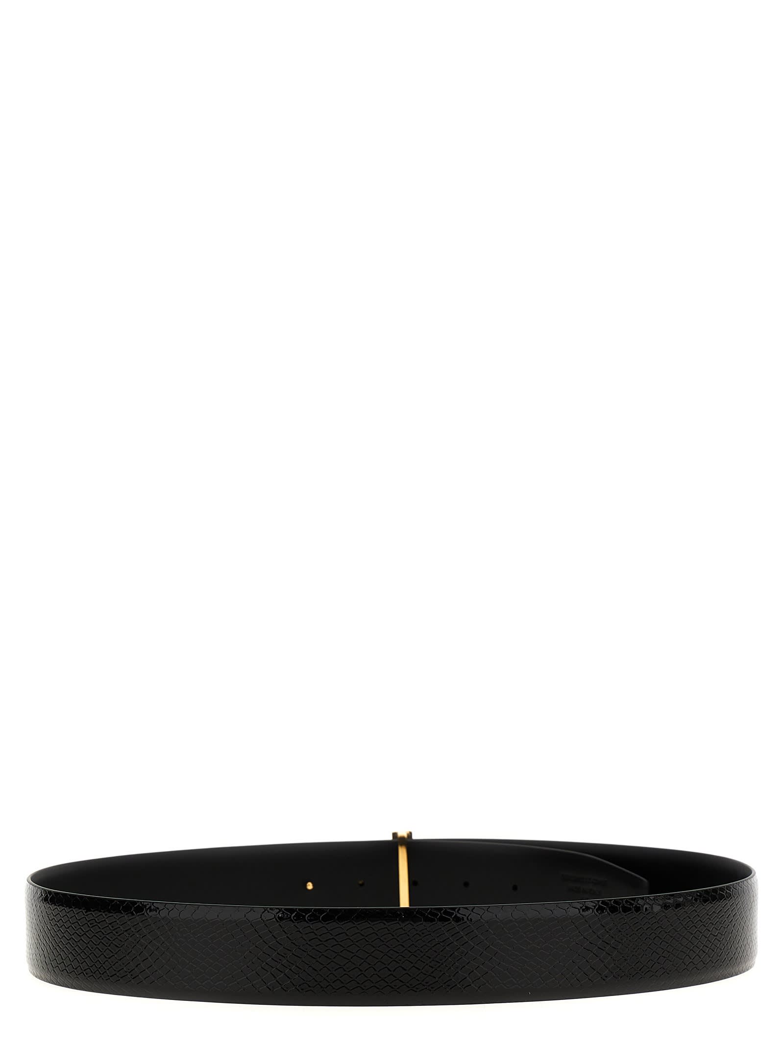 Tom Ford Black Calfskin Leather Belt With Gold T Buckle In Black