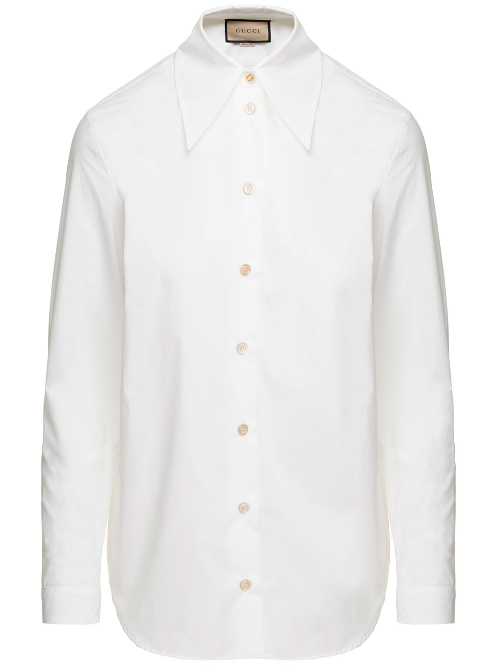 GUCCI WHITE SHIRT WITH OVERSIZED POINTED COLLAR AND LOGO DETAIL IN COTTON WOMAN