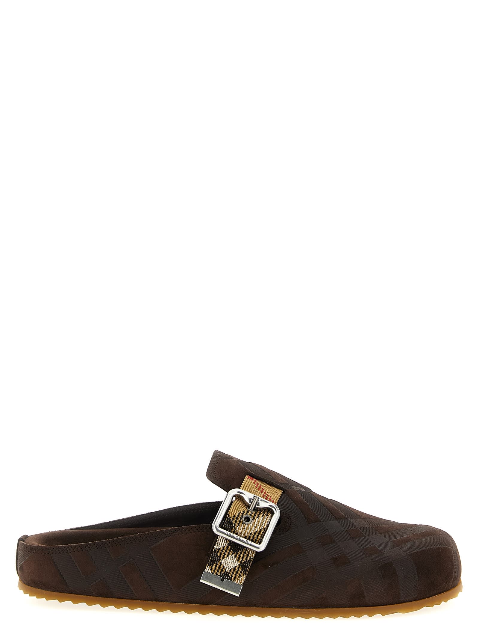 Burberry Strap Patterned Round Toe Rubber Sole Slip-on In Brown