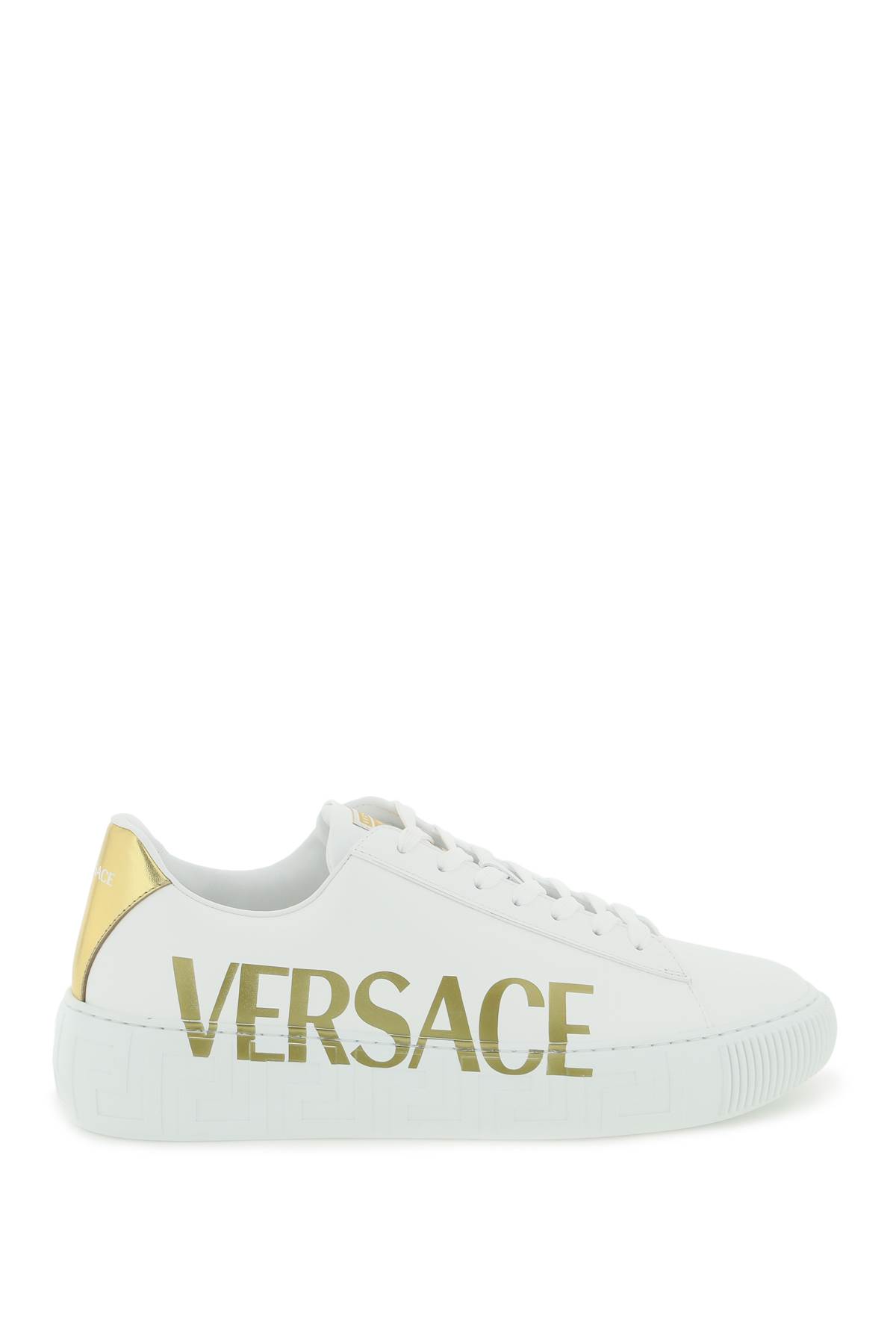 Shop Versace Greca Sneakers With Logo In White Gold (white)