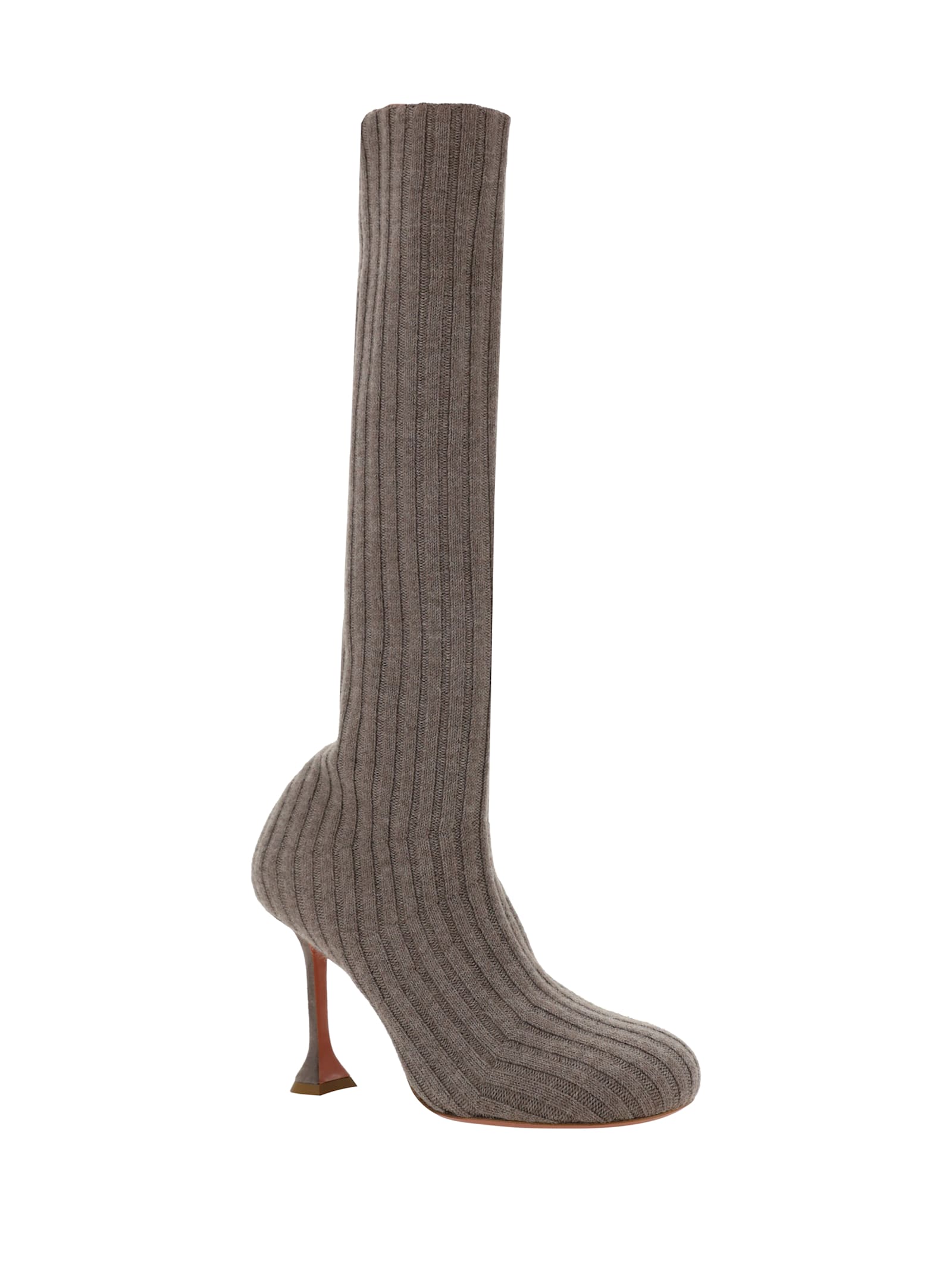 Shop Amina Muaddi Veneda Boots In Fuzzy Ribbed Knit Taupe