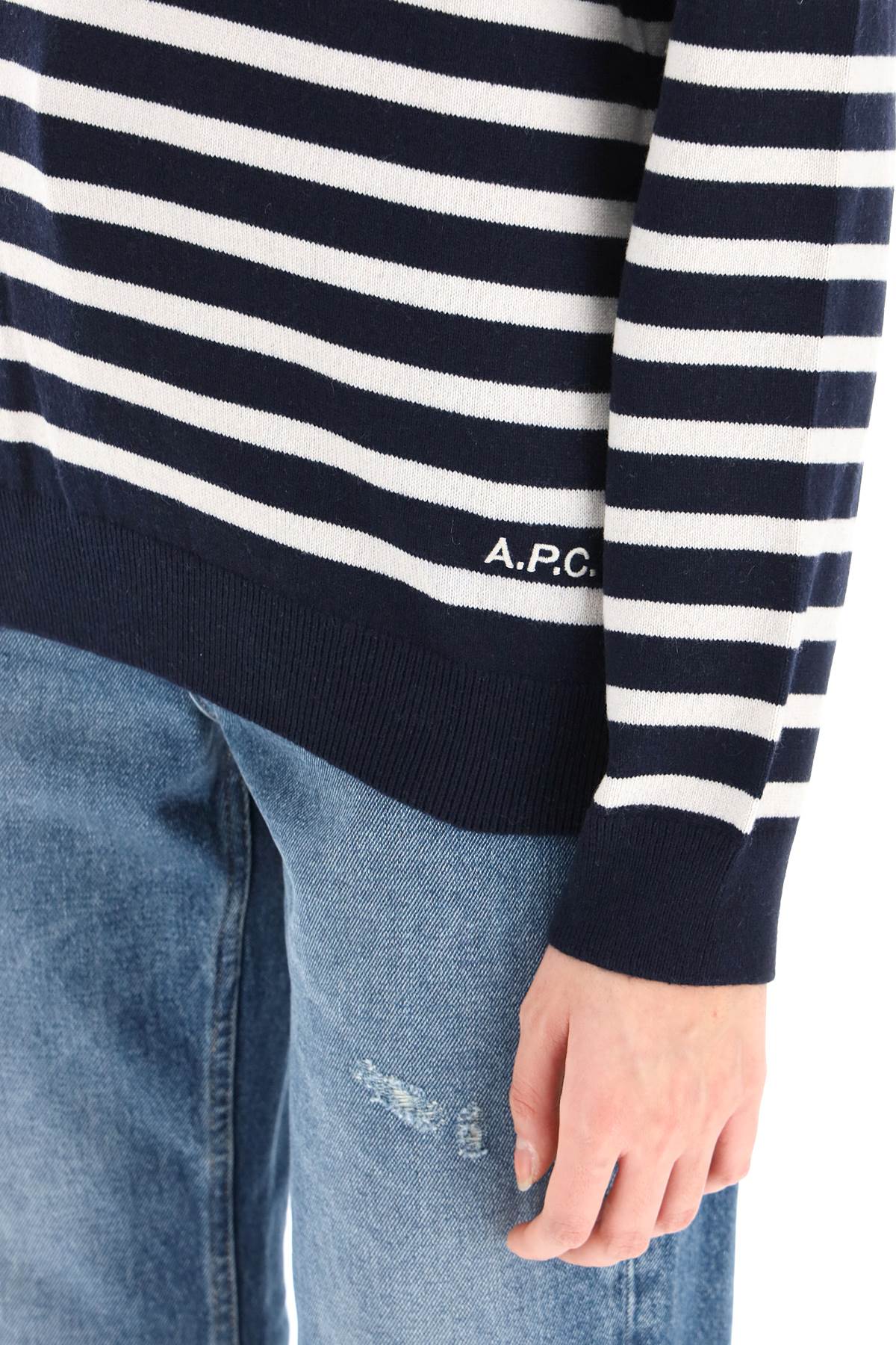 Shop Apc Phoebe Striped Cashmere And Cotton Sweater In Dark Navy (blue)