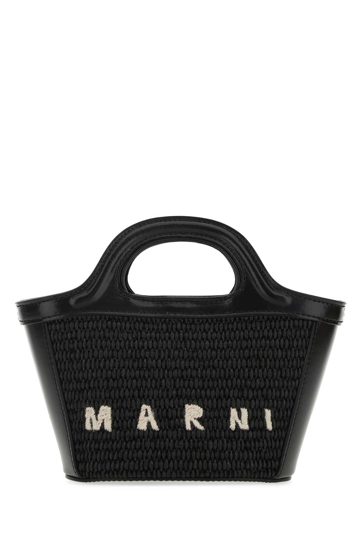 Shop Marni Black Leather And Straw Micro Tropicalia Summer Handbag In 00n99