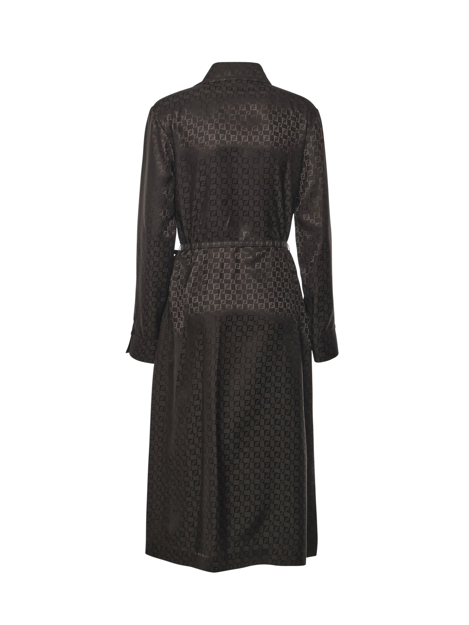 Fendi Silk Chess Ff Long Sleeve Midi Dress Dresses Brown In Black