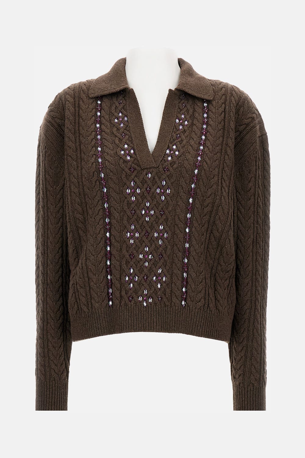 Des_phemmes Cable-knit Embellished Polo-neck Top In Brown