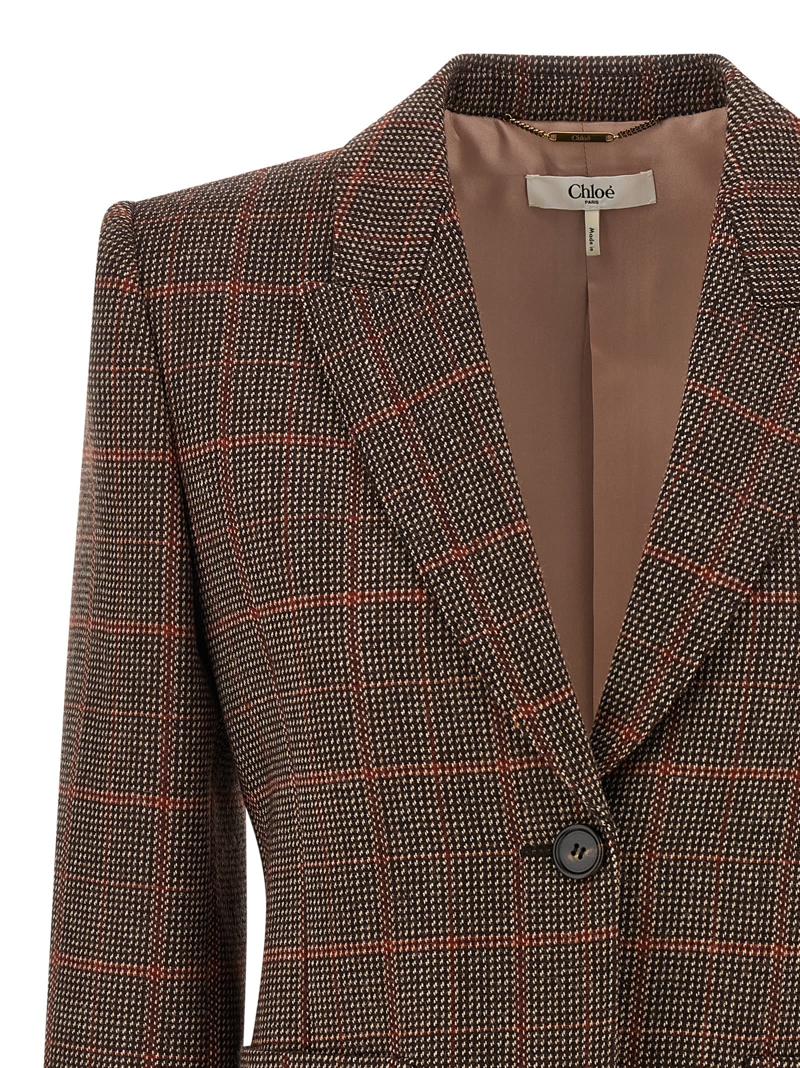 Chloé Single-breasted Checked Brown Wool Jacket Women In Brown