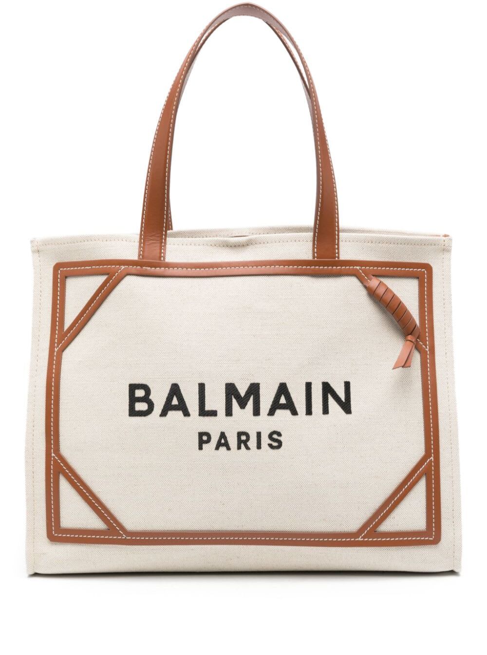 Balmain B-army Beige Shopper Bag With Logo In Canvas Woman