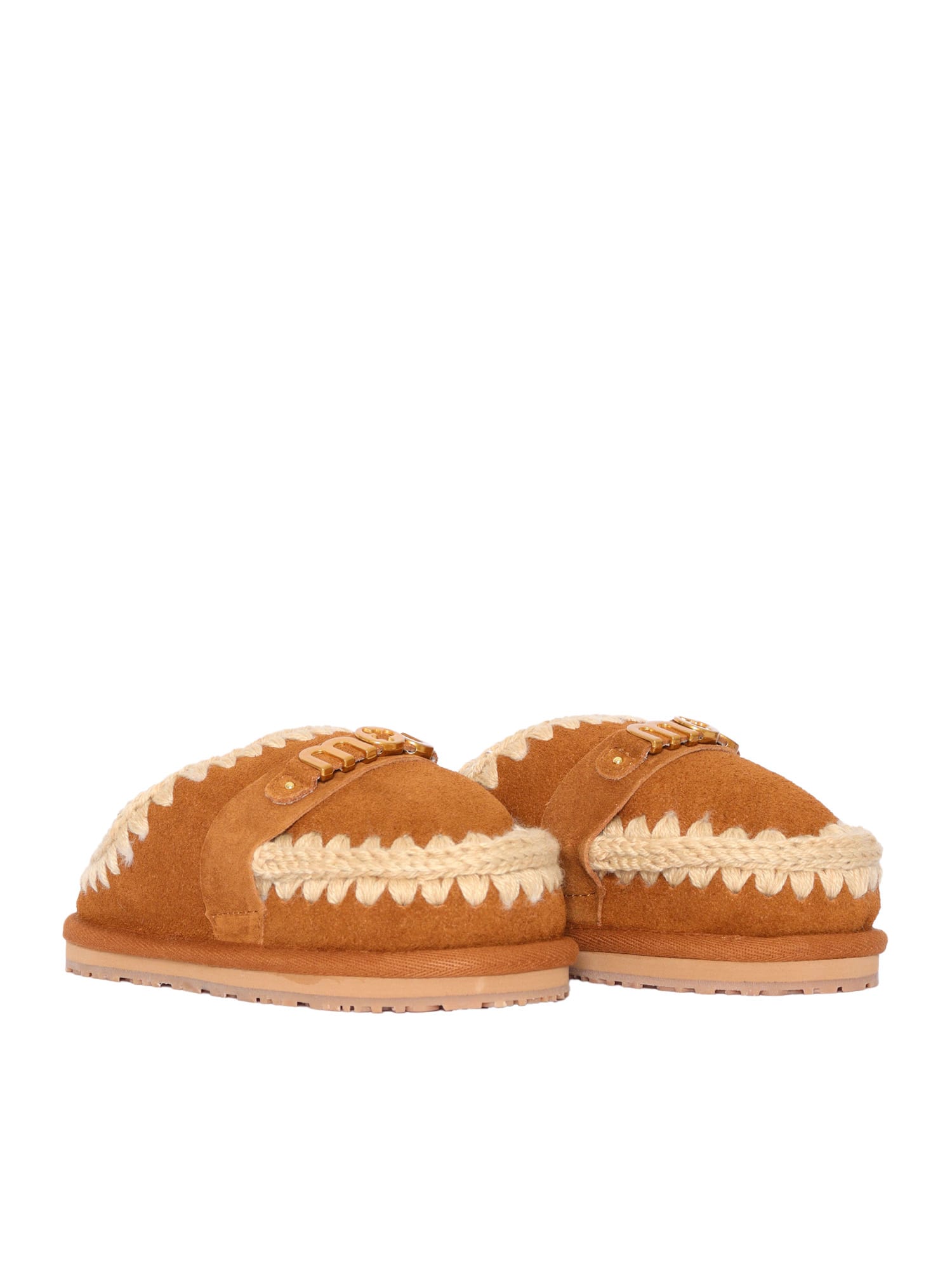 Mou Kids Slipper Suede - Letter Logo In Brown