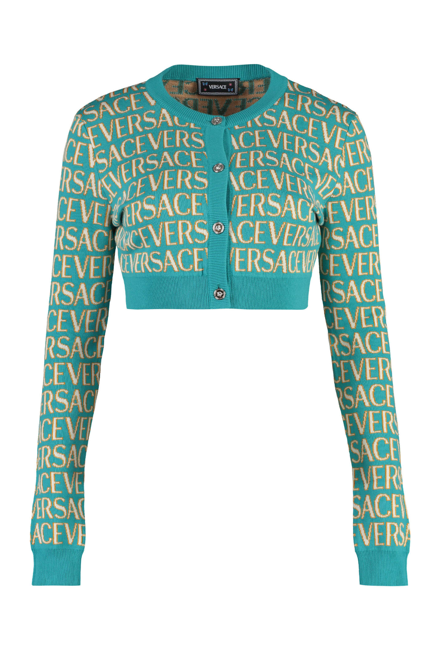 Shop Versace Cropped-length Knitted Cardigan In Turquoise