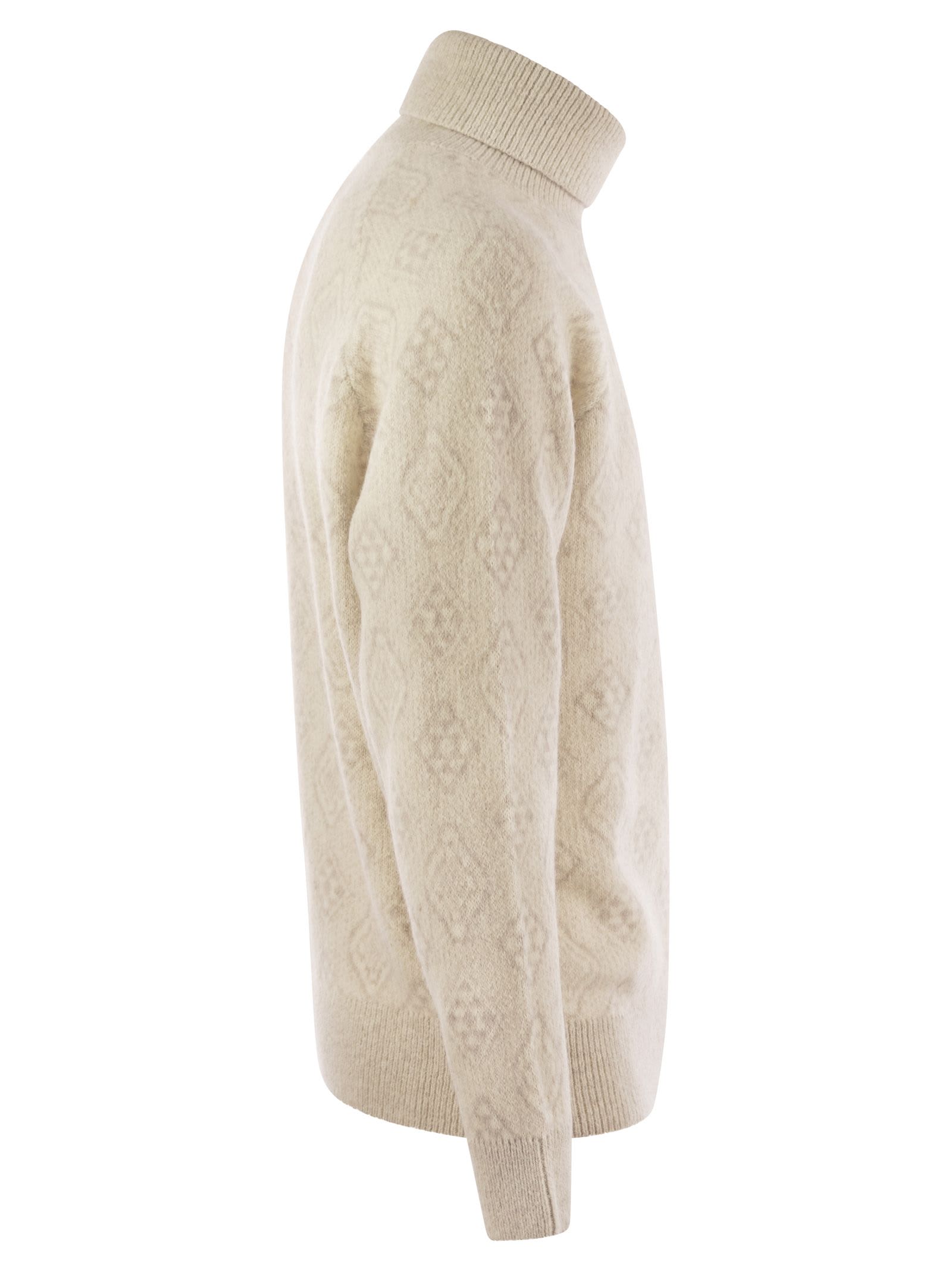 Shop Brunello Cucinelli Geometric Jacquard Turtleneck Sweater In Alpaca, Cotton And Wool In Cream