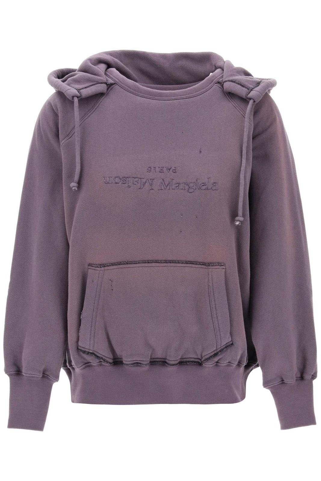 Shop Maison Margiela Logo Detailed Drawstring Hoodie In Aubergine Black (purple)