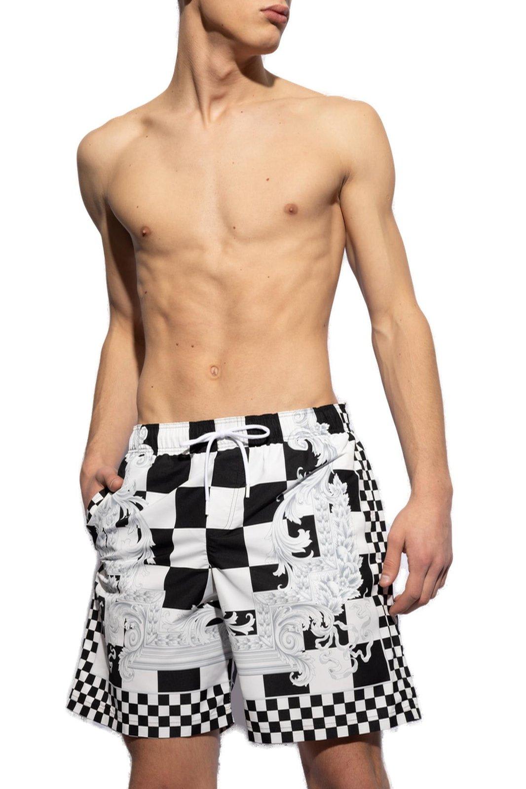 Shop Versace Check-printed Drawstring Swim Shorts In Nero E Bianco