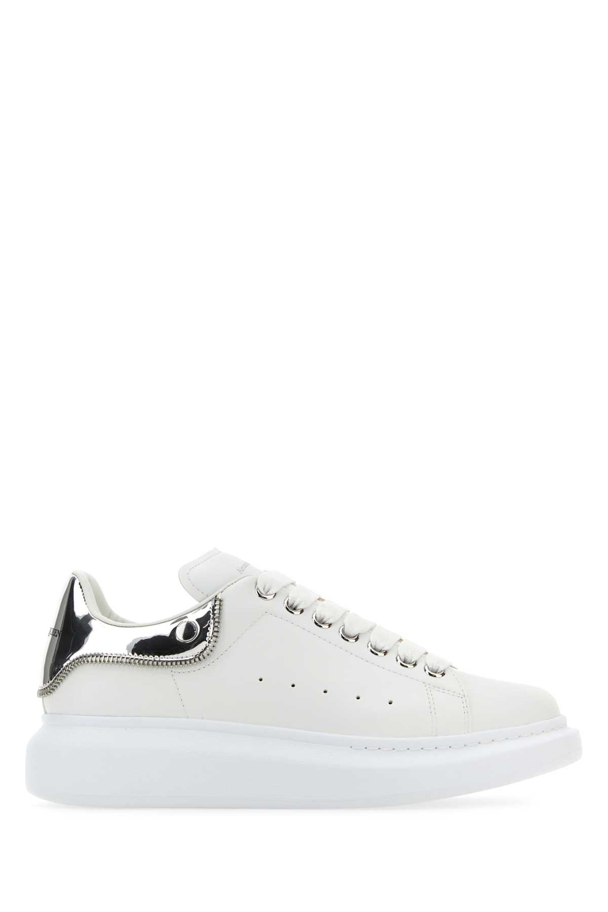 White Leather Sneakers With Silver Leather Heel