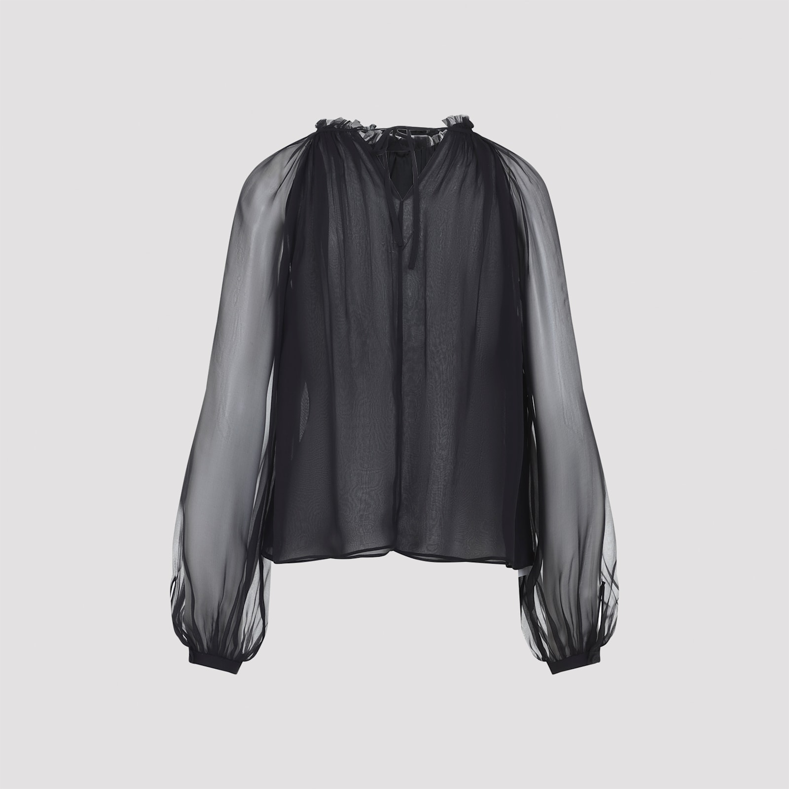 Alberta Ferretti Long Sleeve Sheer Blouse With Ruffles And Flowers In Black