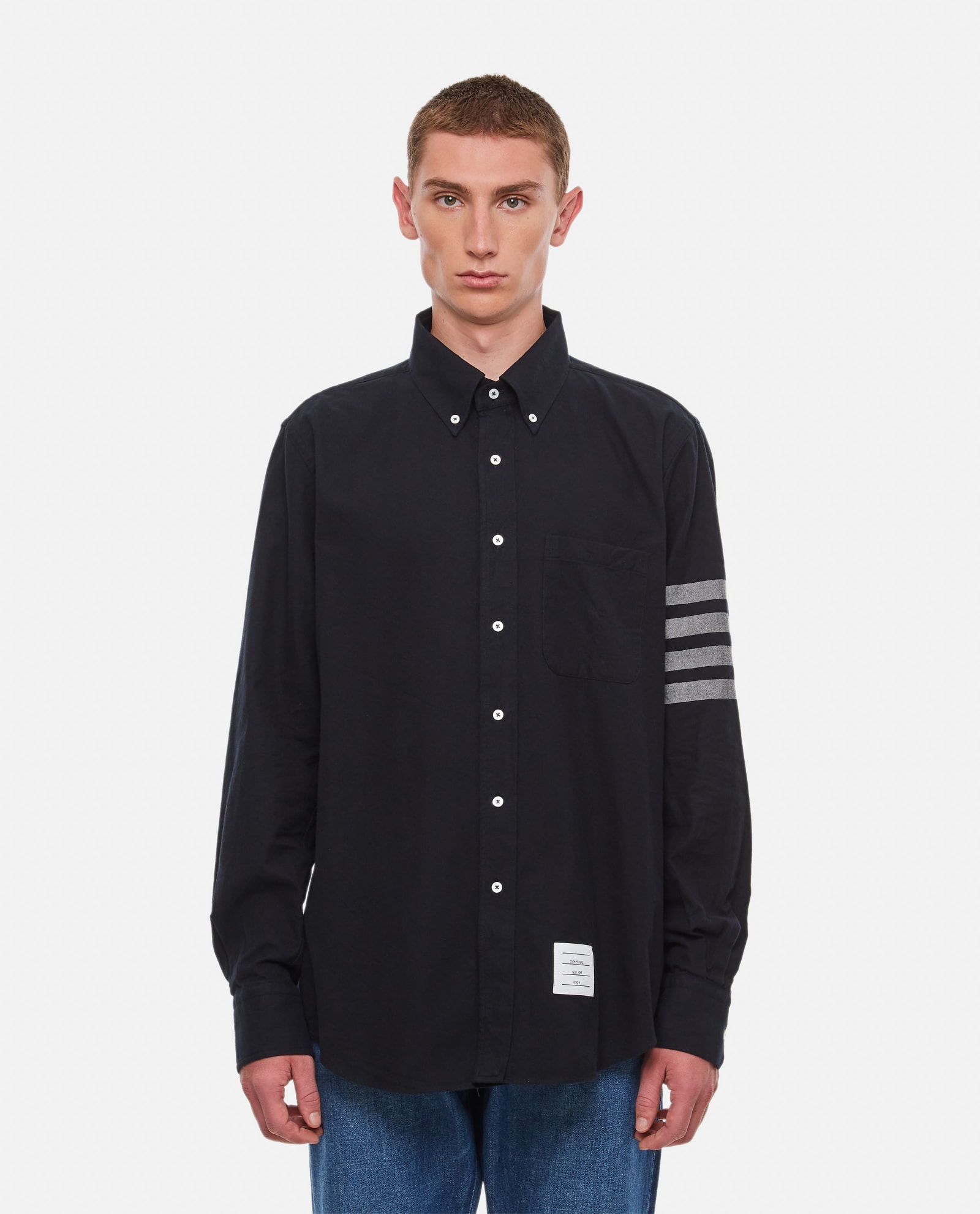 Shop Thom Browne Tonal 4 Bar Cotton Shirt In Blue