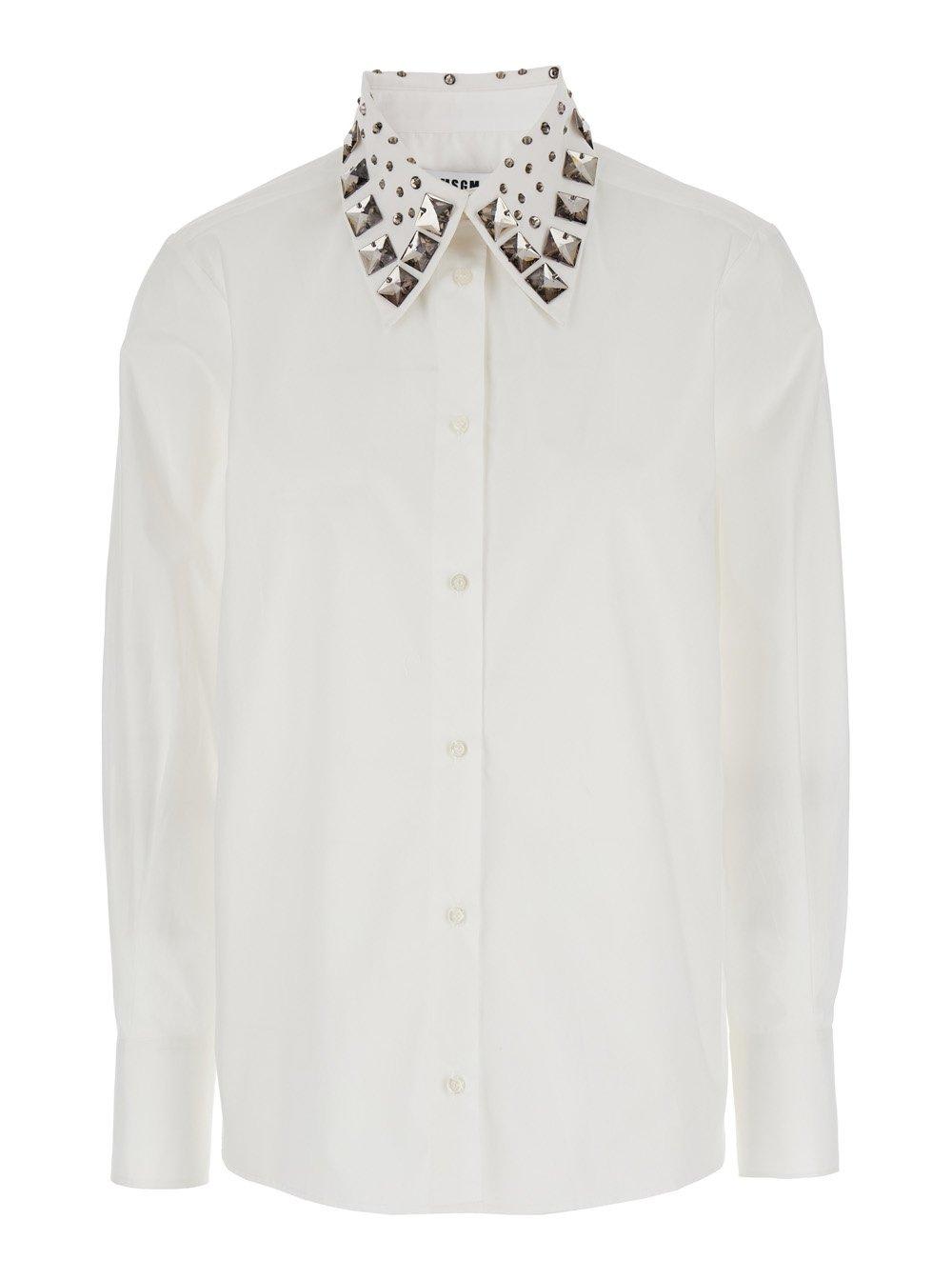 Shop Msgm Long Sleeved Embellished Shirt In Bianco