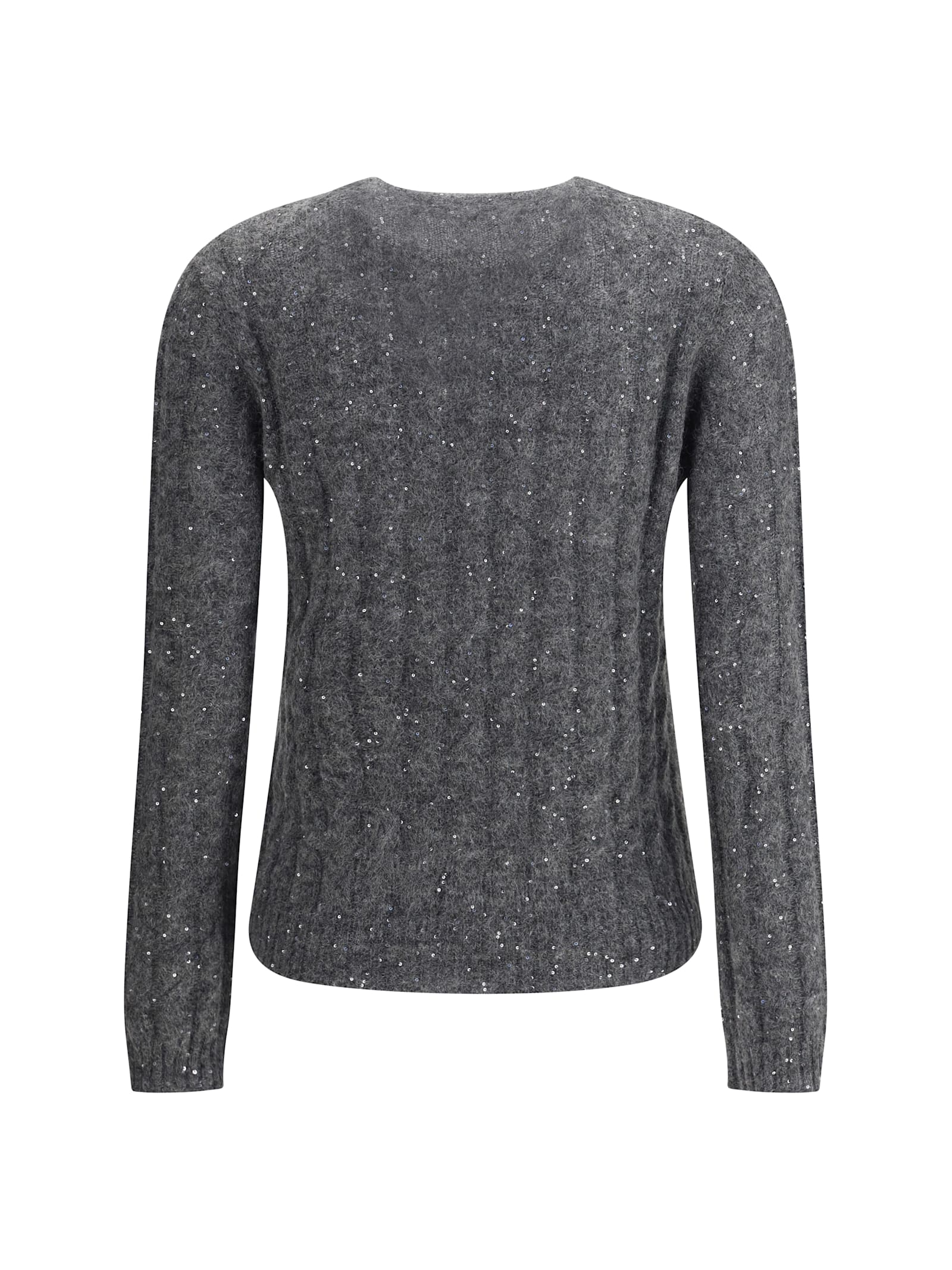 Brunello Cucinelli Textured Ribbed V-neck Sweater With Sparkling Details In Gray
