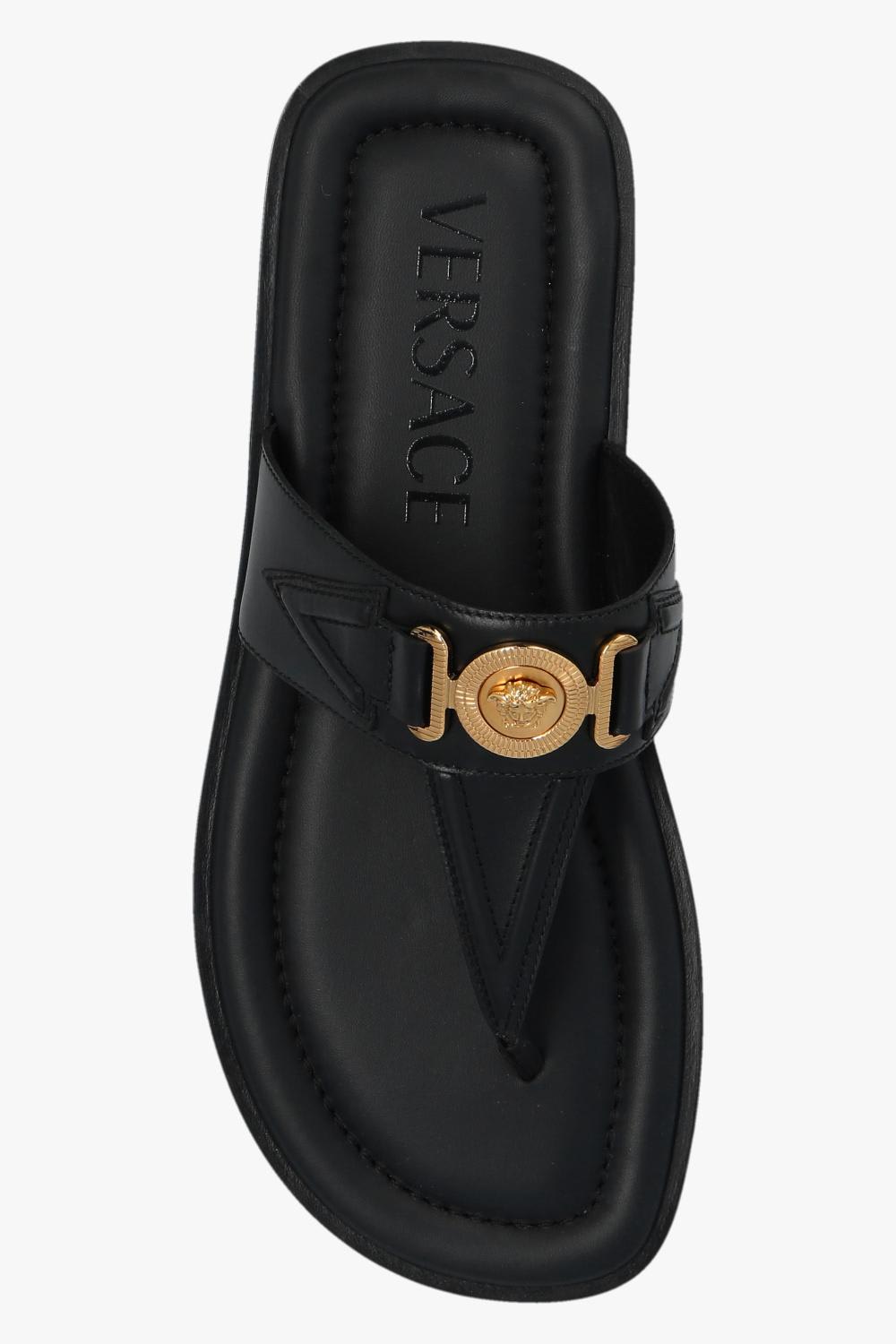 Shop Versace Leather Slides In Black