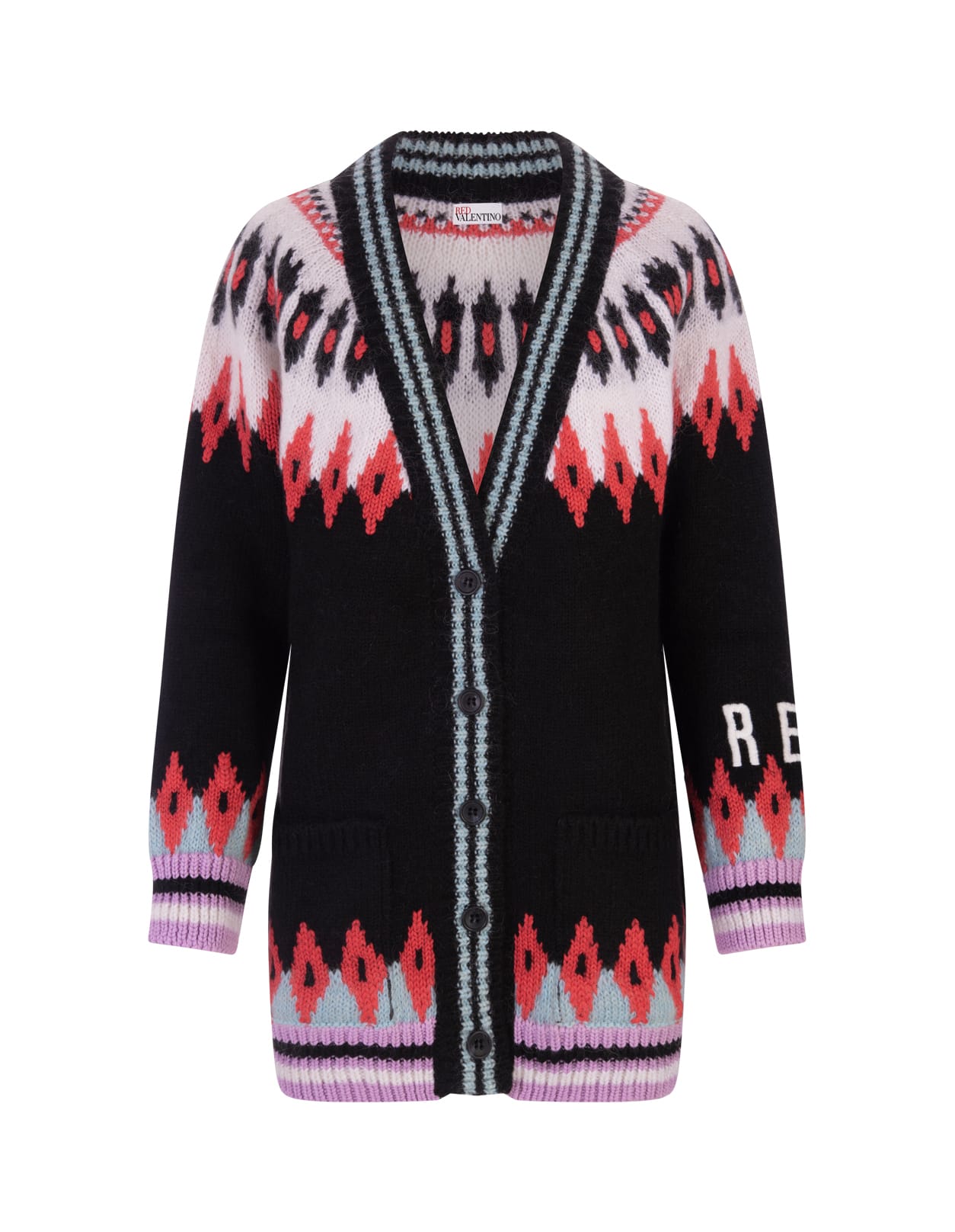 RED Valentino Woman Black Maxi Cardigan With Multicoloured Lopi Pattern