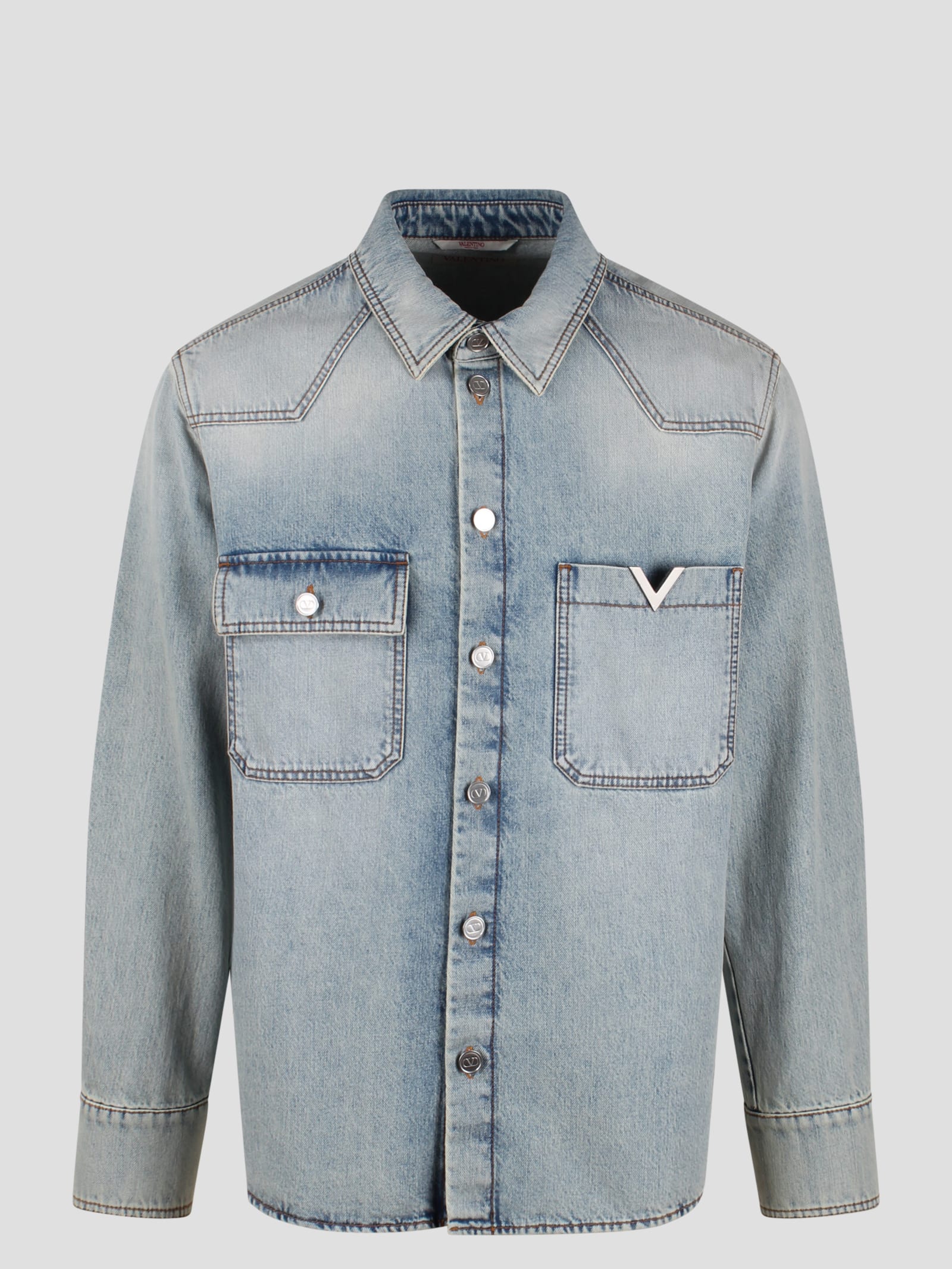 Shop Valentino V Detail Denim Shirt In Blue