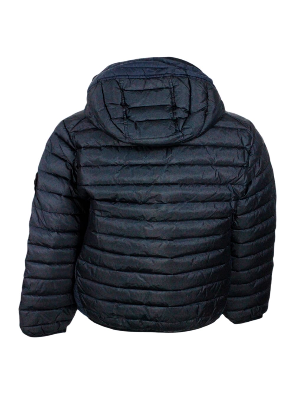 Stone Island 100 Gram Padded Down Jacket Made Of Recycled Crunchy Nylon. Zip Closure, Hood And Logo On The Sleeve In Blu